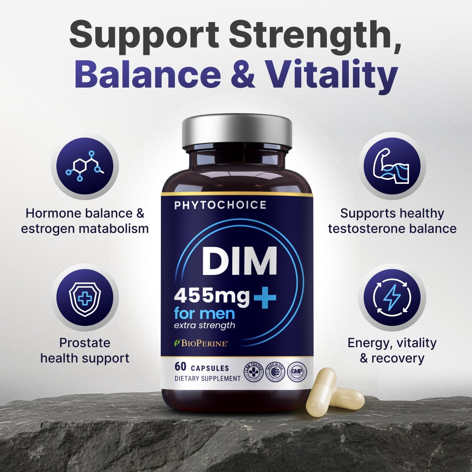 350mg DIM Supplement for Men – Estrogen Balance, Hormone Support, 60 Capsules