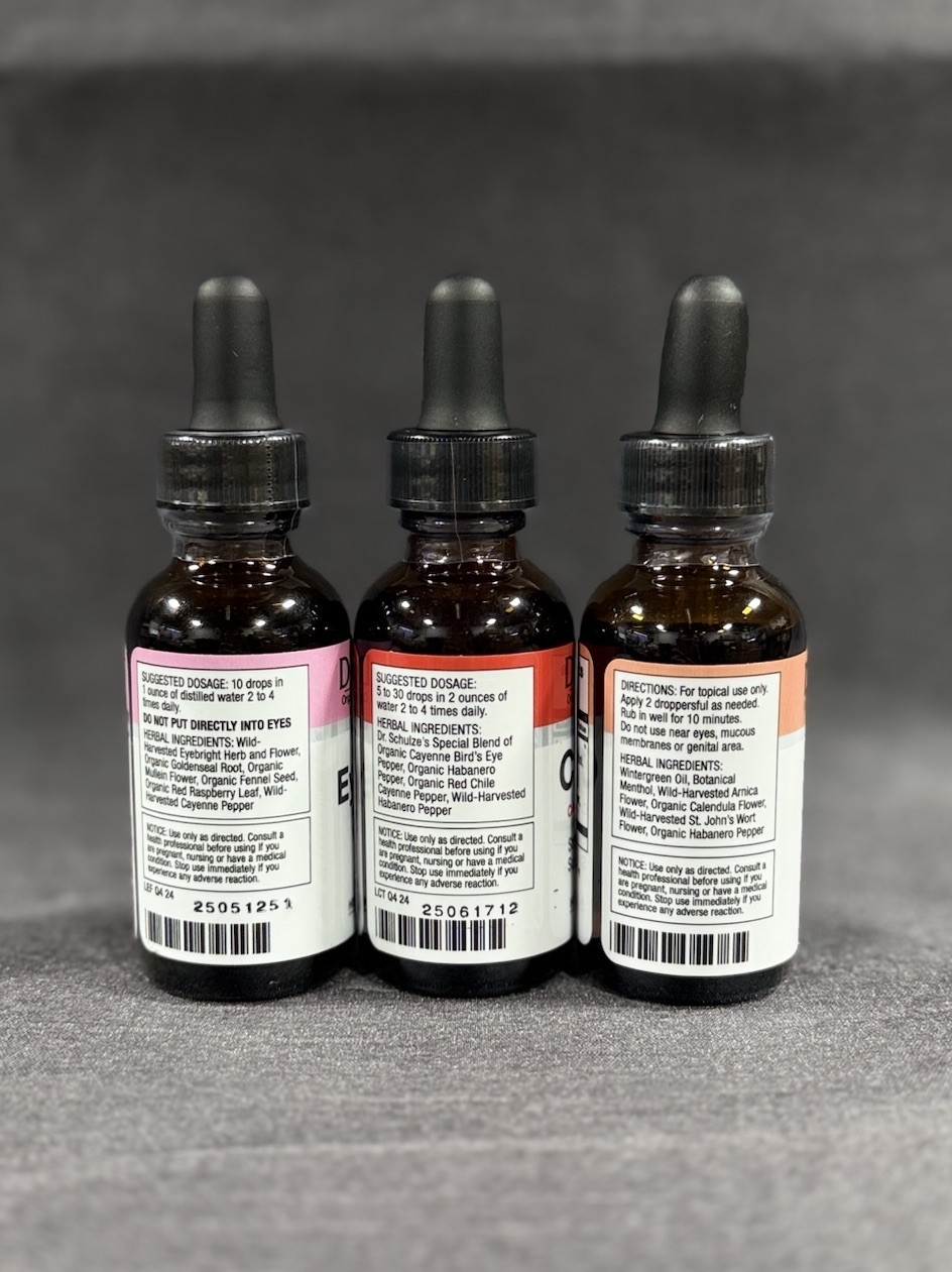 Dr schulze’s Eyebright 1oz, Cayenne 1oz, Deep Tissue 1oz Supplement Drops New!
