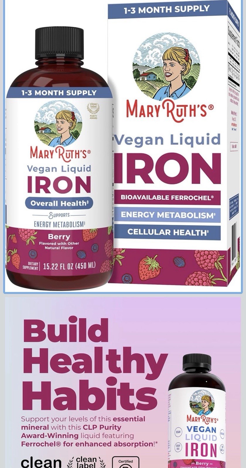 MaryRuth’s Vegan Liquid Iron Ferrochel Berry 15.22 fl oz Sugar Free Non-GMO