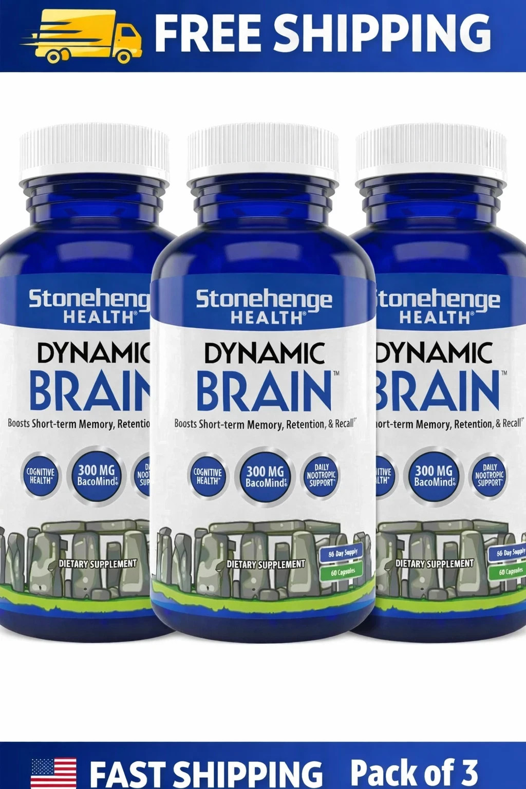 Pack of 3 Dynamic Brain Supplement 60 Capsules–Memory Focus Clarity, EXP 09/2027
