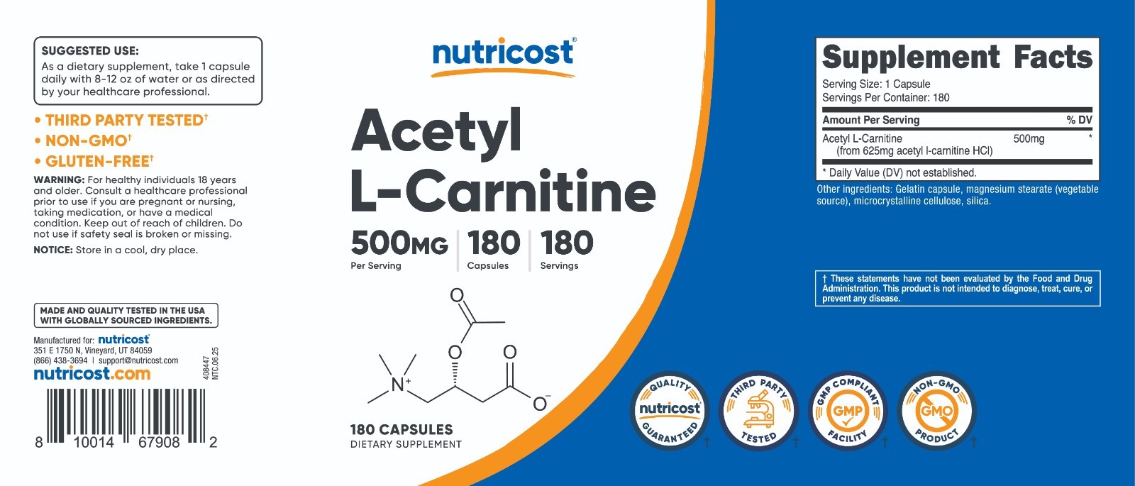 Nutricost Acetyl L-Carnitine 500mg, 180 Capsules – Non-GMO and Gluten Free