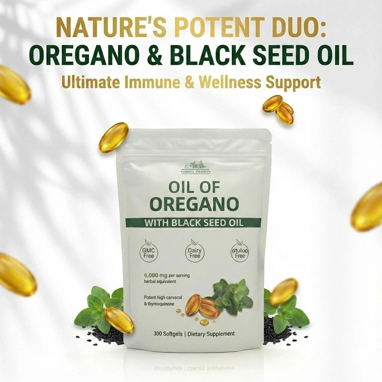 Oregano & Black Seed Oil 6000mg – 300 Softgels – New Herbal Supplement Capsules