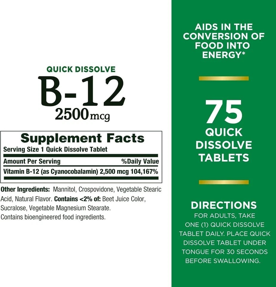 Nature’s Bounty Vitamin B12 2500 mcg, Cellular 75 Count (Pack of 1), Green