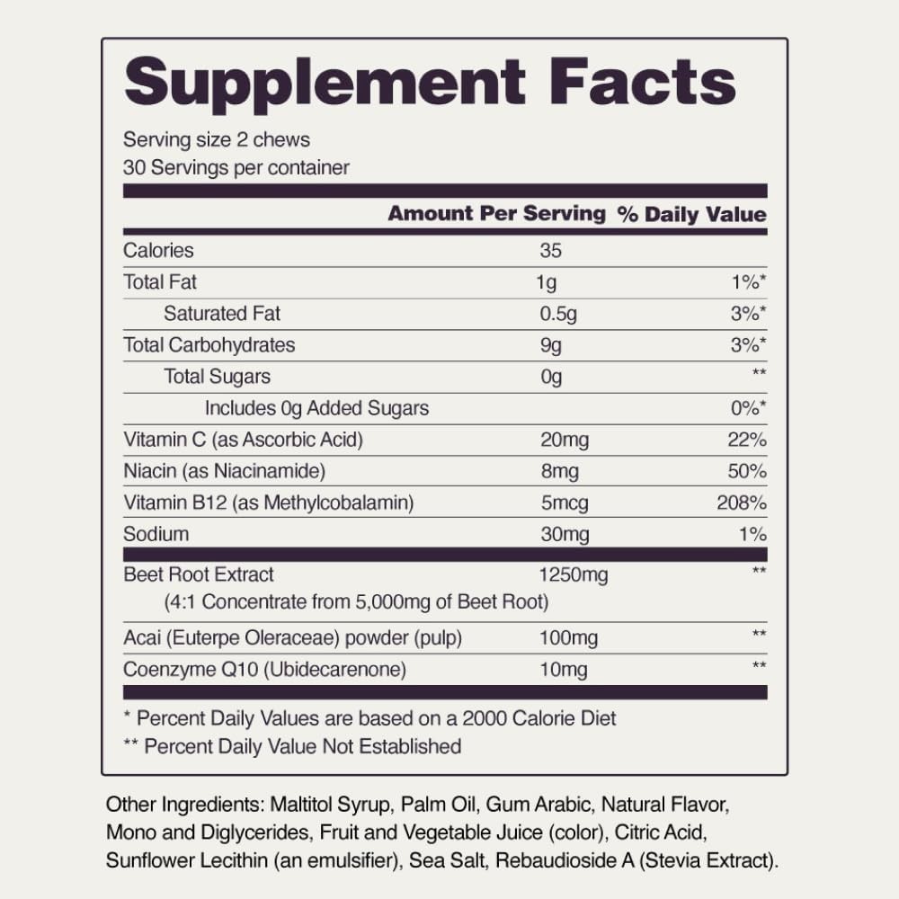 Beet Root Soft Chews for Adults 35+, Sugar Free Heart Health Support, Vegan, 60