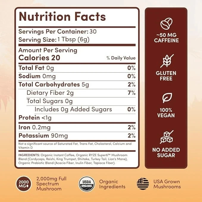 RYZE Mushroom Coffee USDA Organic with 6 AdaptogenicMushrooms and MCT Oil
