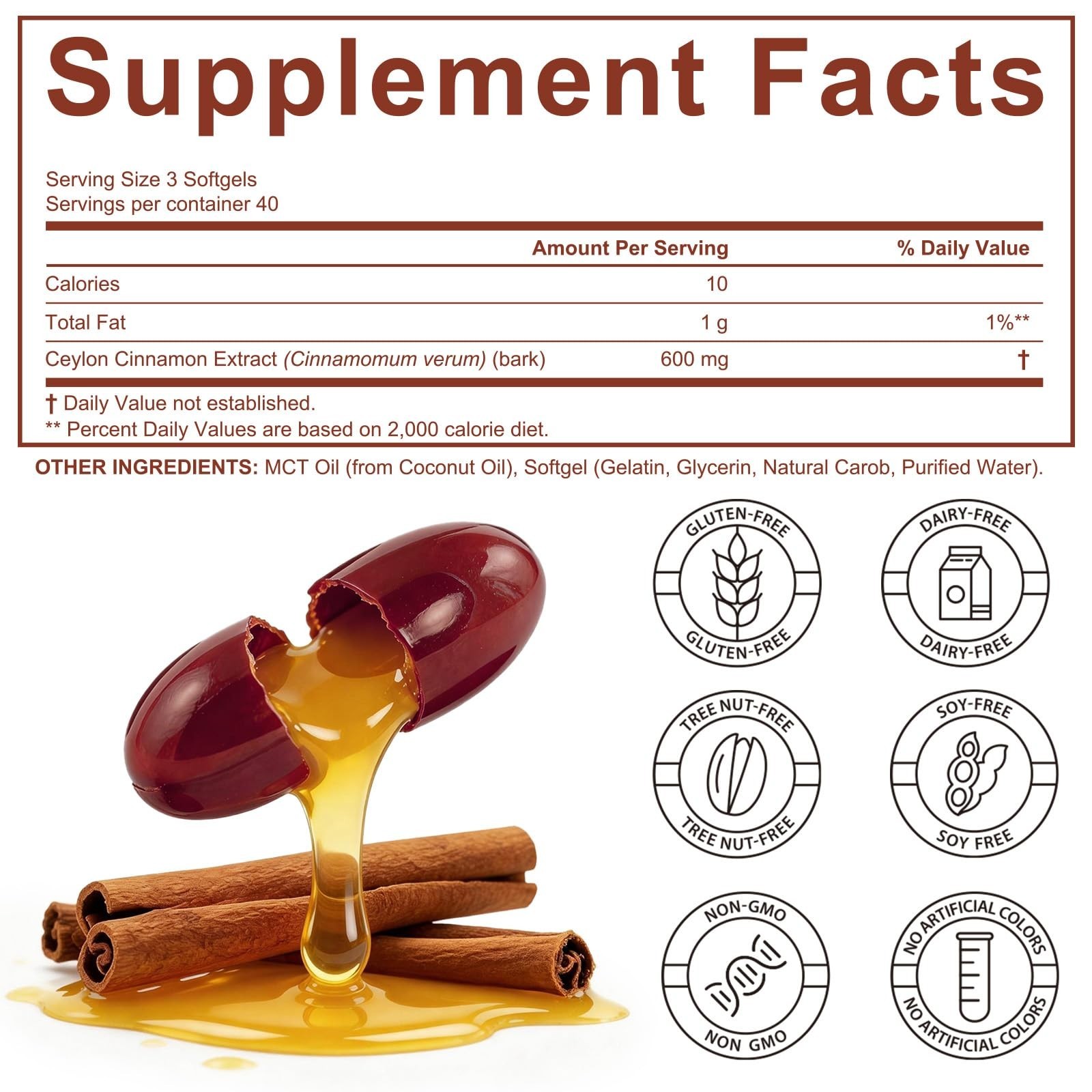 Ceylon Cinnamon Softgels with MCT Oil – Non-GMO, Gluten-Free, 120 Count, Dietary