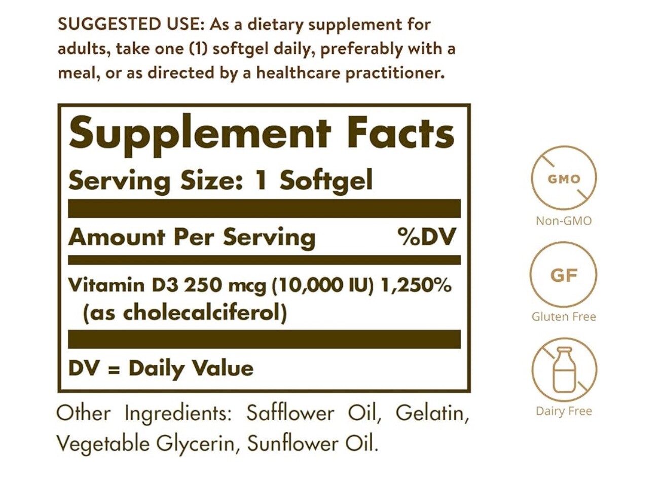 Solgar Vitamin D3 Cholecalciferol 250 mcg 10000 IU 120 Softgels