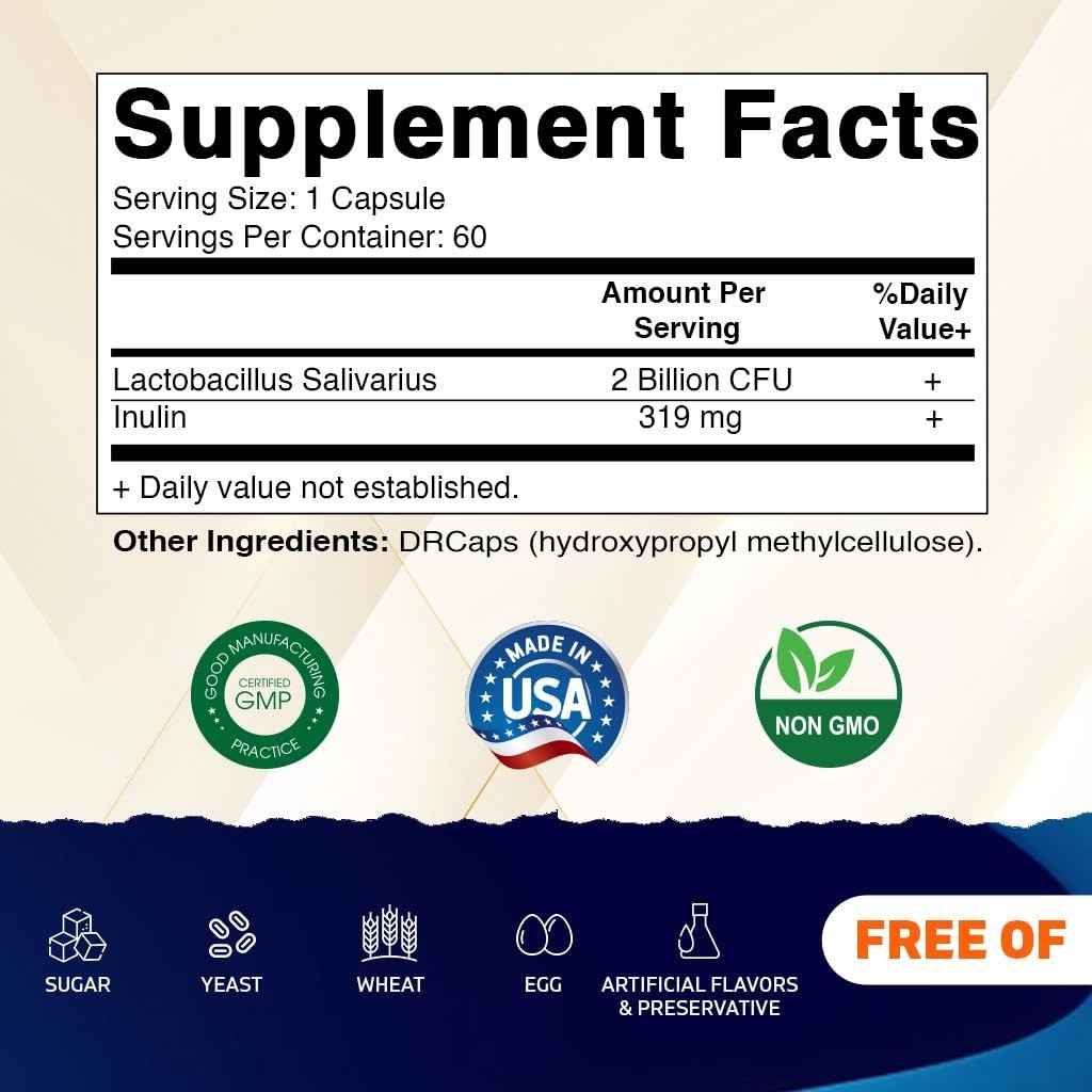 Lactobacillus Salivarius Probiotic Capsules 2 Billion CFU – 60 Count – Digestive