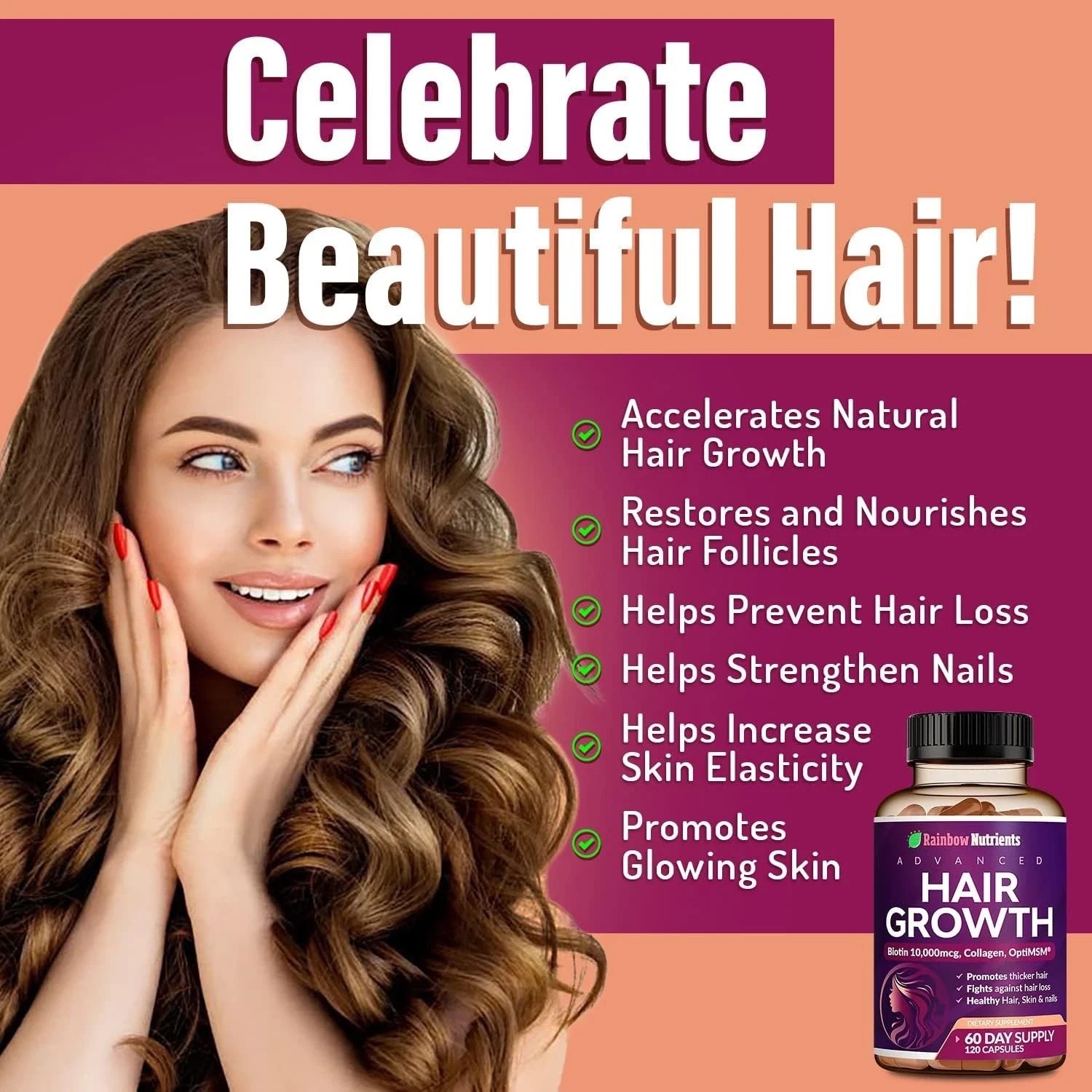 3 PACK NEW Rainbow Nutrients ADVANCED Hair Growth Vitamins – Biotin 10,000mcg