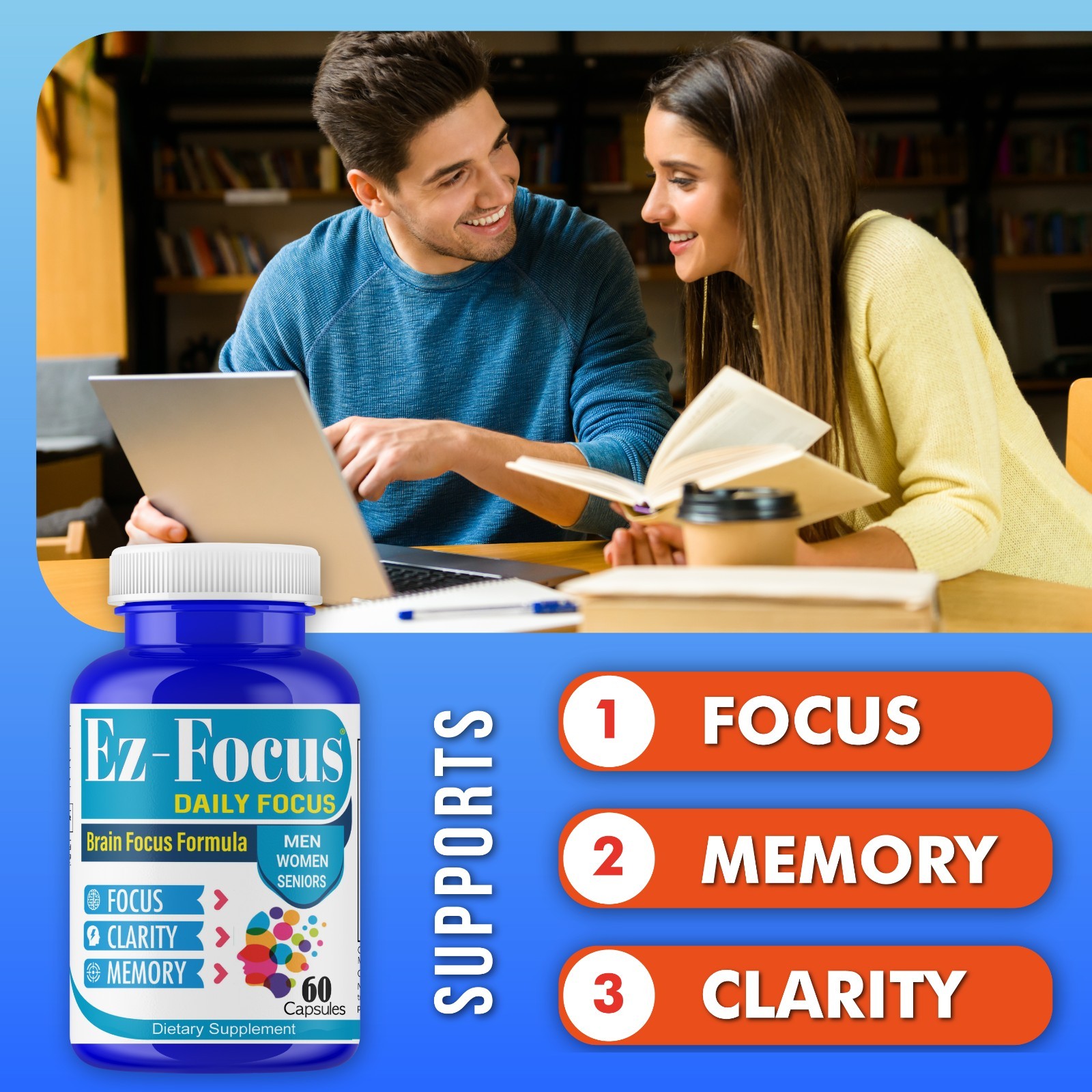 Adult Vitamin Brain Boost Nootropics for Focus Memory Clarity Sharp Mind 60Caps