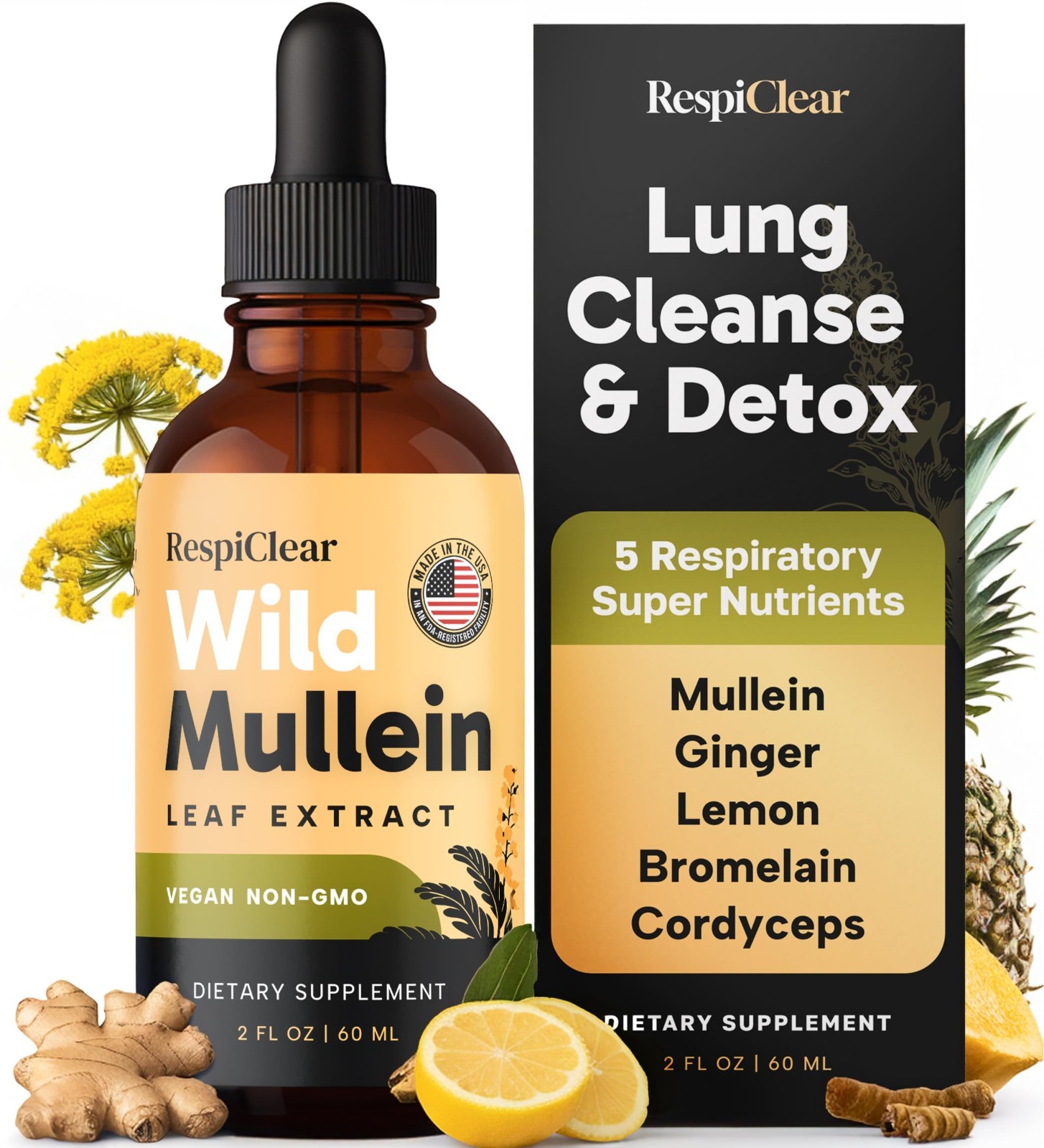 Natural Mullein Drops with Ginger & Lemon – Lung Cleanse & Detox, 2 Fl oz