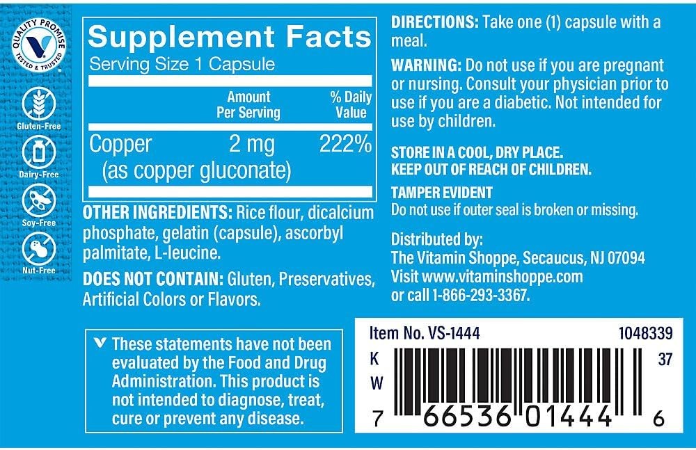 The Vitamin Shoppe Copper 2 mg Capsules, Essential Trace Mineral Supplement for