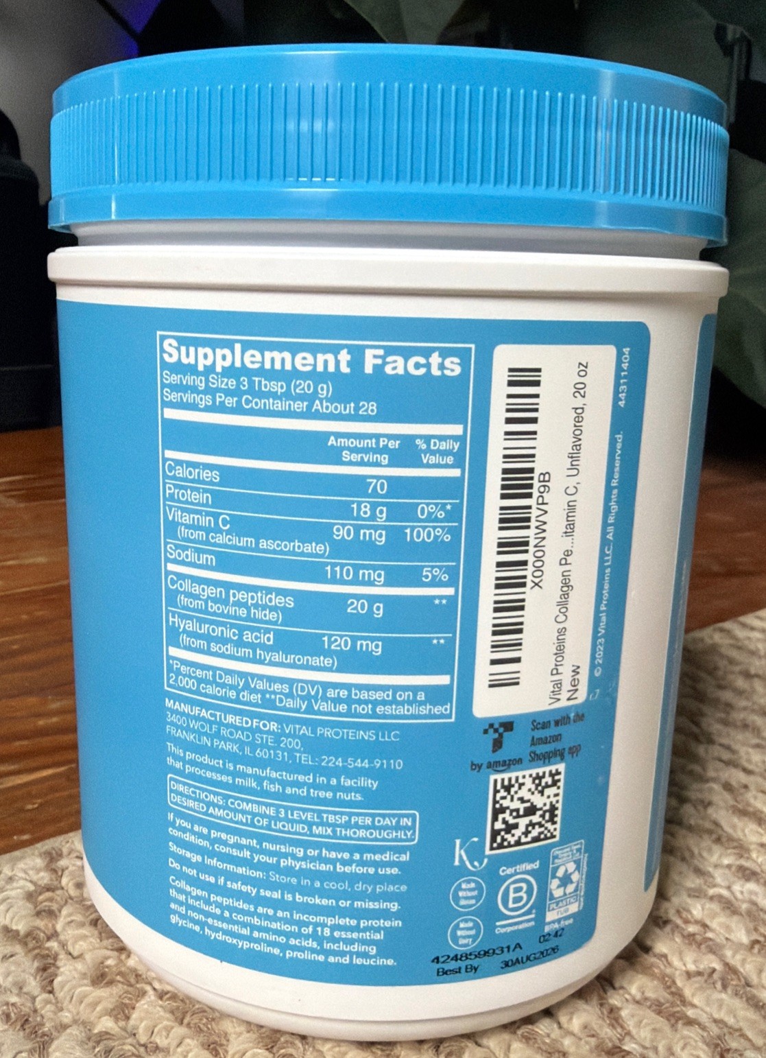 20 oz Collagen Peptides Powder with Hyaluronic Acid and Vit. C – 28 Servings