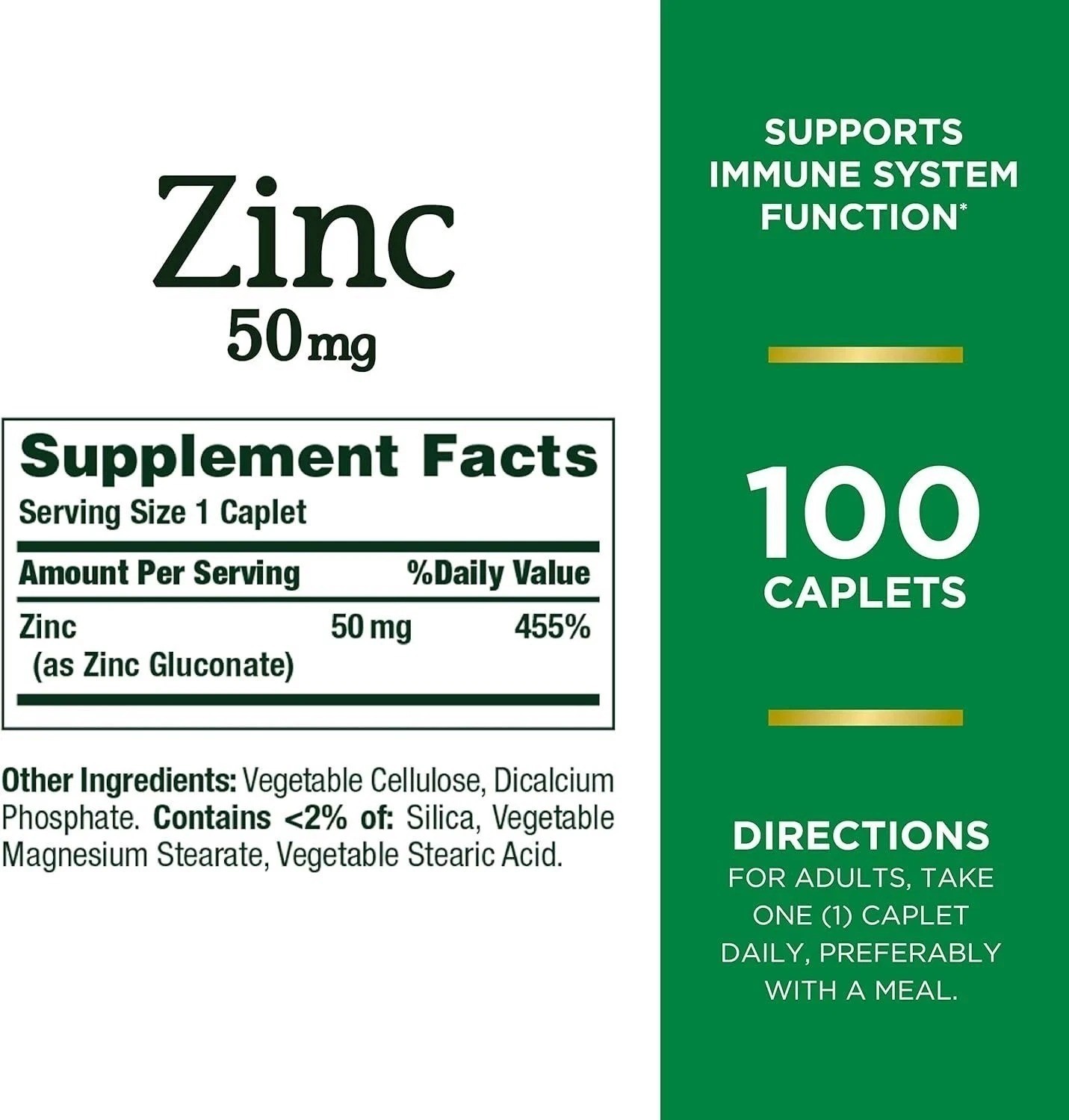 Zinc, Supports Immune System Function, Dietary Supplement, 50 Mg, Caplets, 100 C