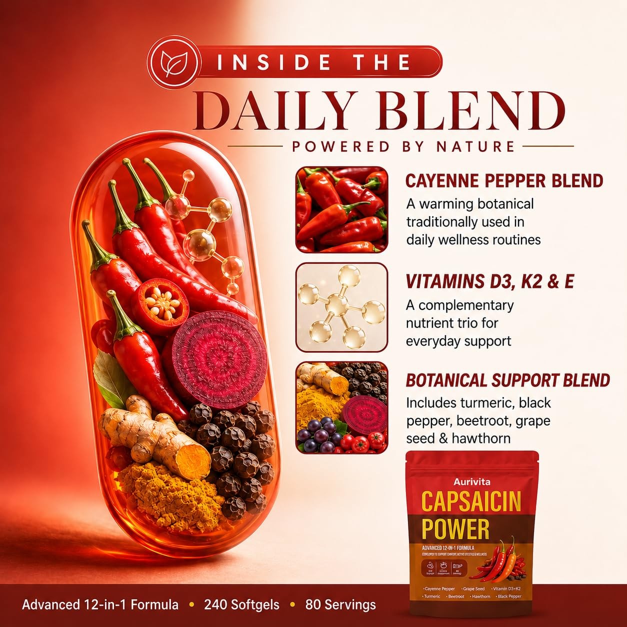 Aurivita Cayenne Capsaicin Softgels + D3, K2, Beetroot, Grape Seed 240 ct