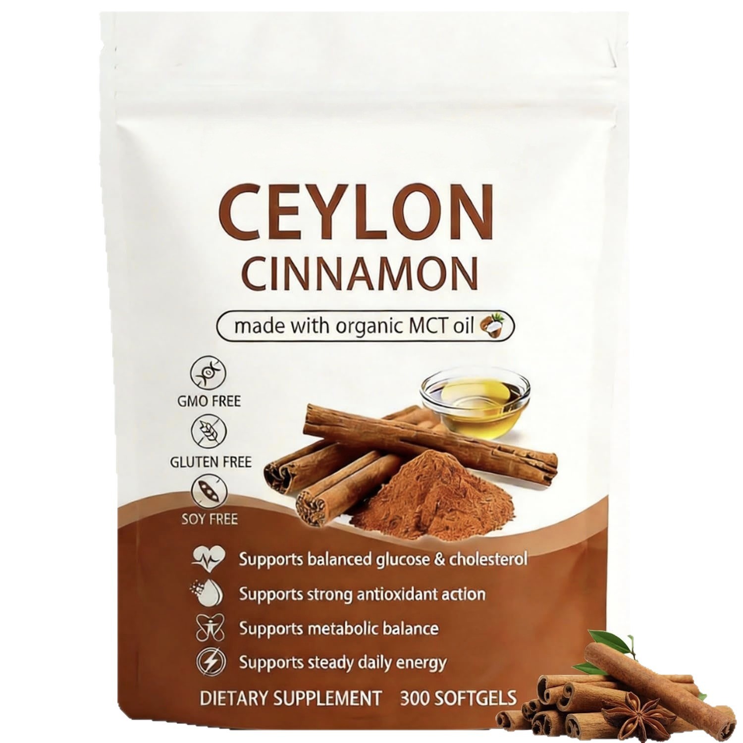 1~5 Bag Ceylon Cinnamon 300 Softgels Made with MCT Oil Daily Supply
