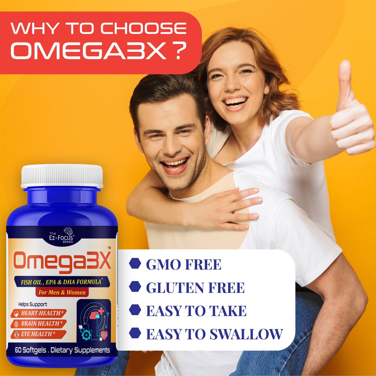 Adult Brain Booster Omega 3 Fish Oil Nootropic Brain Supplement Memory Focus 60