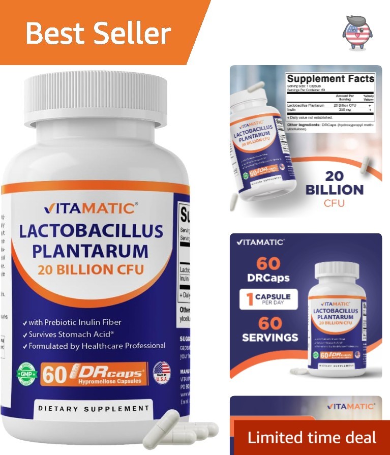 60 Count Lactobacillus Plantarum Capsules with Prebiotic Inulin for Gut Wellness