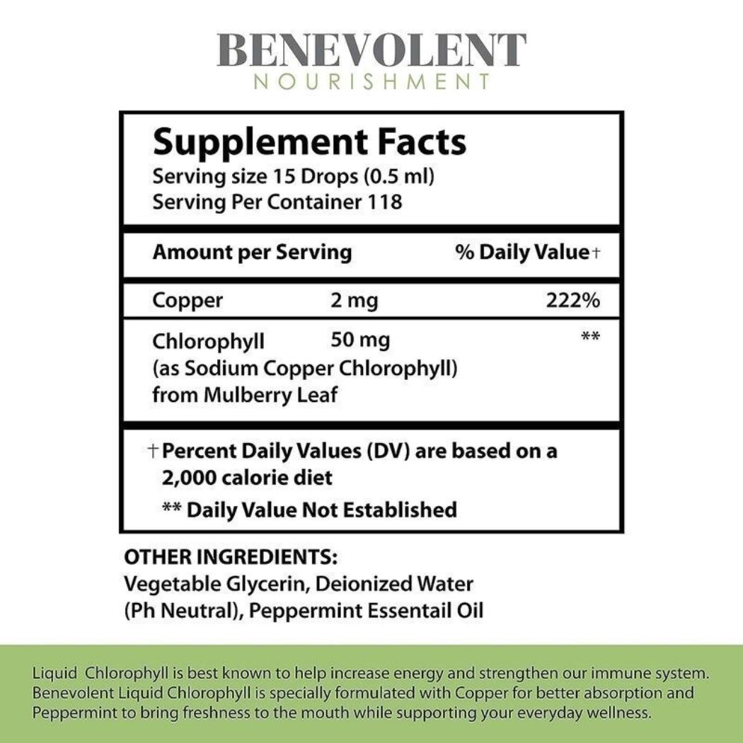 NEW Benevolent Nourishment Liquid Chlorophyll Drops Herbal Supplement 2 fl oz