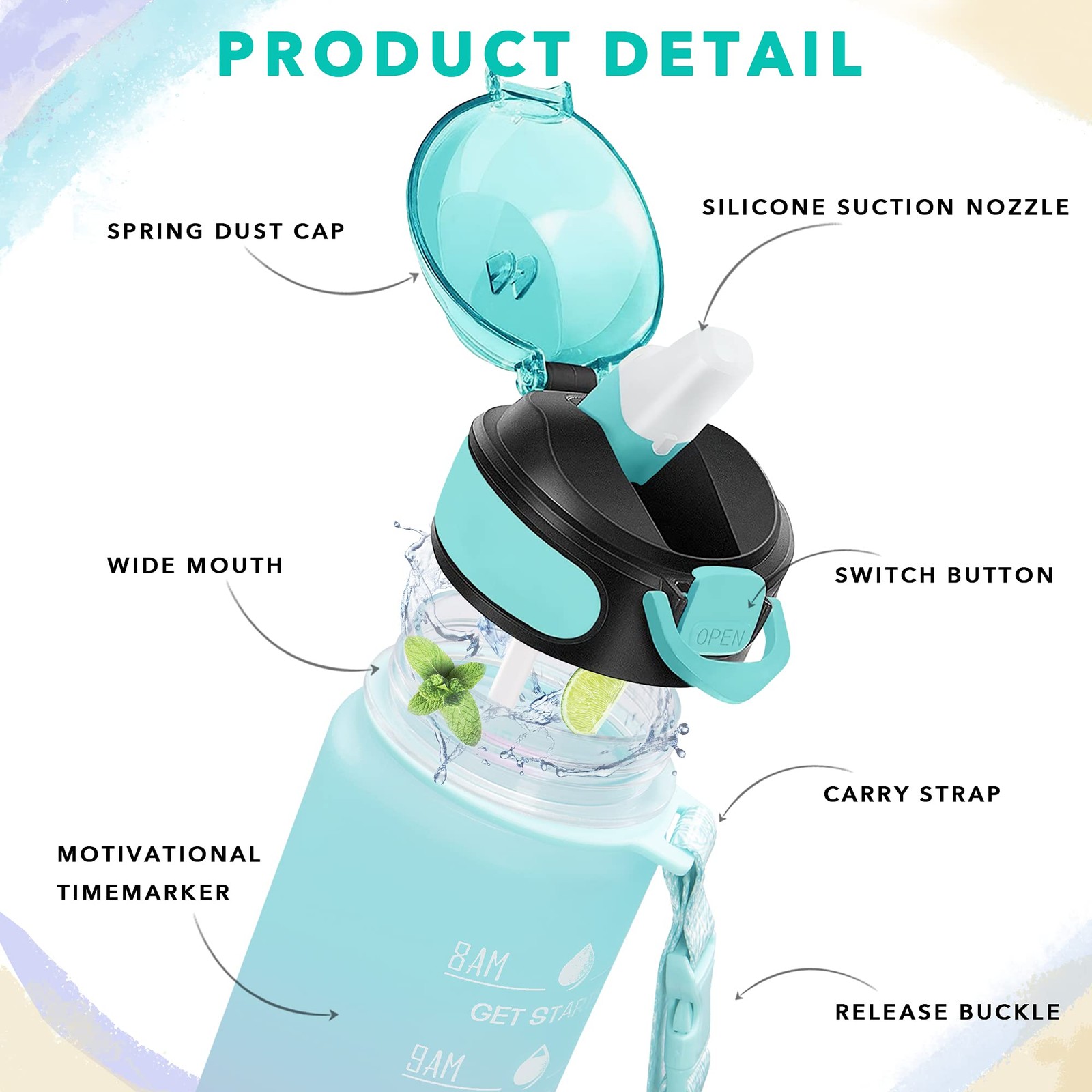 Enerbone 32 oz Drinking Water Bottle with Times to 32 Ounces, Green-Purple