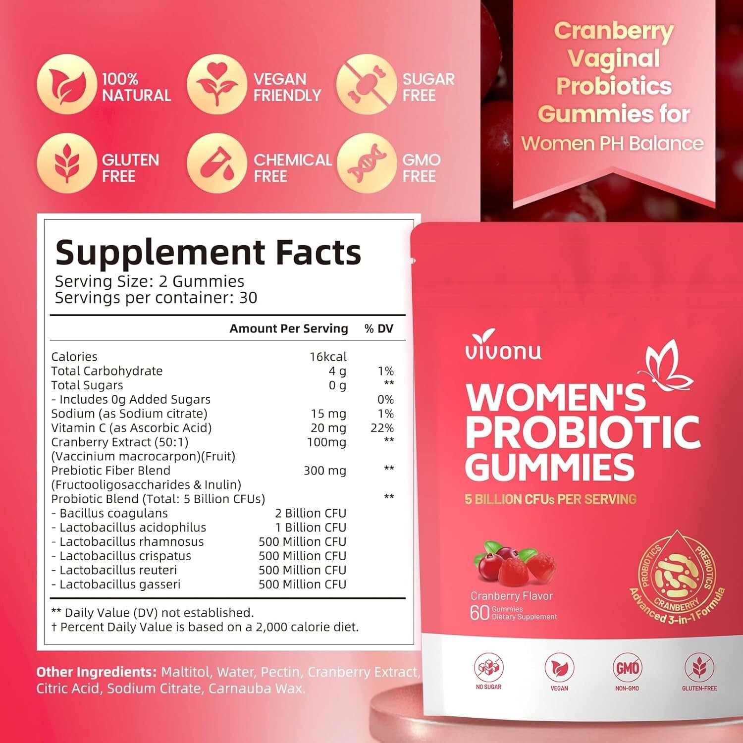 Vaginal Probiotics Designed for Women, Feminine Balance pH Gummies 60pcs/1bag