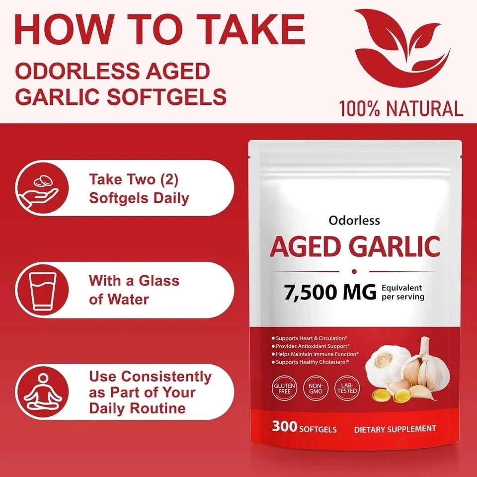 Odorless Garlic 7500Mg per Servings, 300 Softgels | 2 Years Aged Garlic Extra…