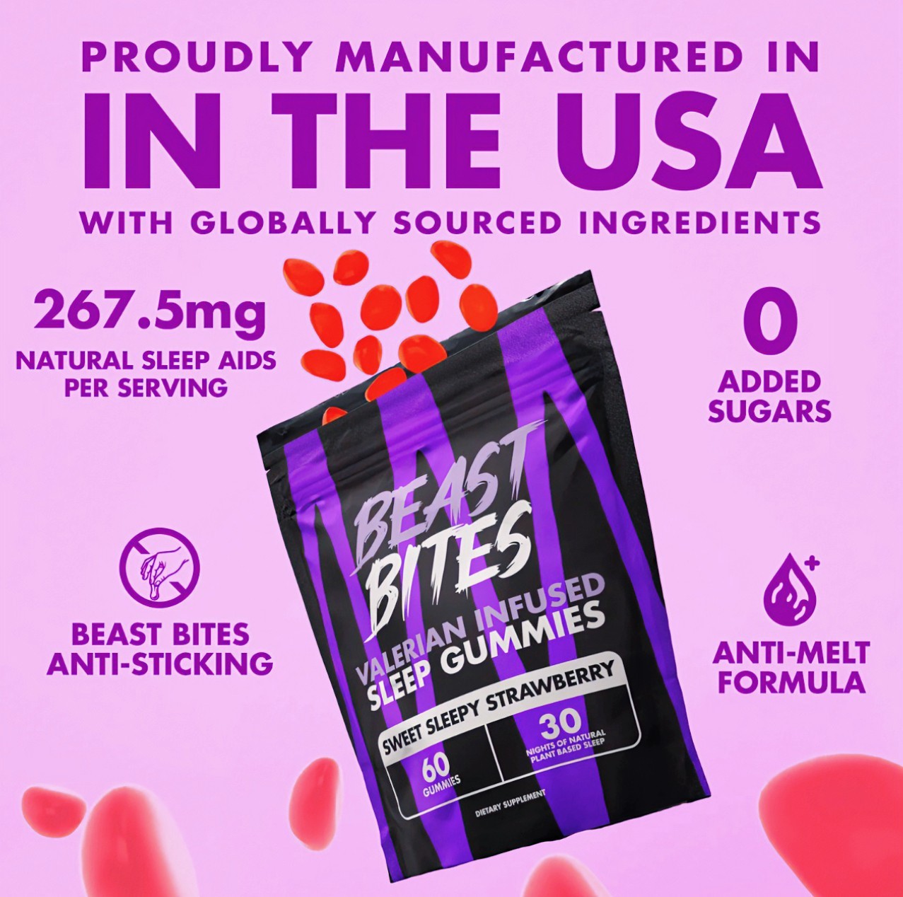 Beast Bites Sleep Gummies Valerian Infused Strawberry Natural Sleep Aid 60 Count