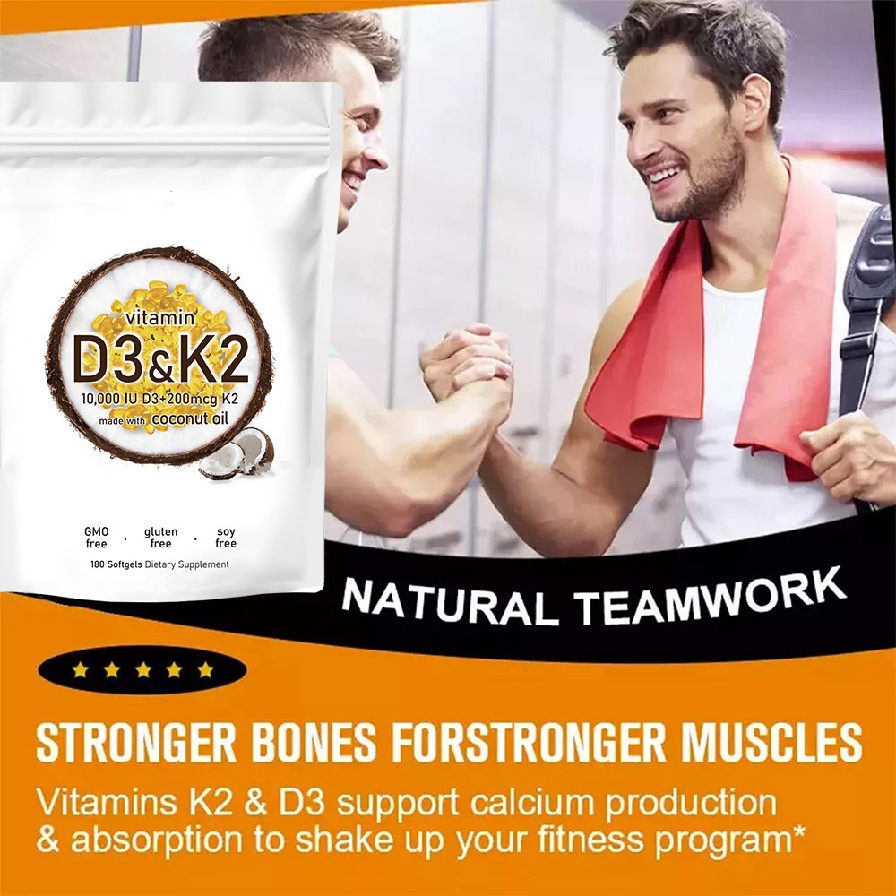 1 in 2 Vitamin D3 K2 Supplement Softgels 180 capsules 10000 IU VIT D3+K2 200 MCG