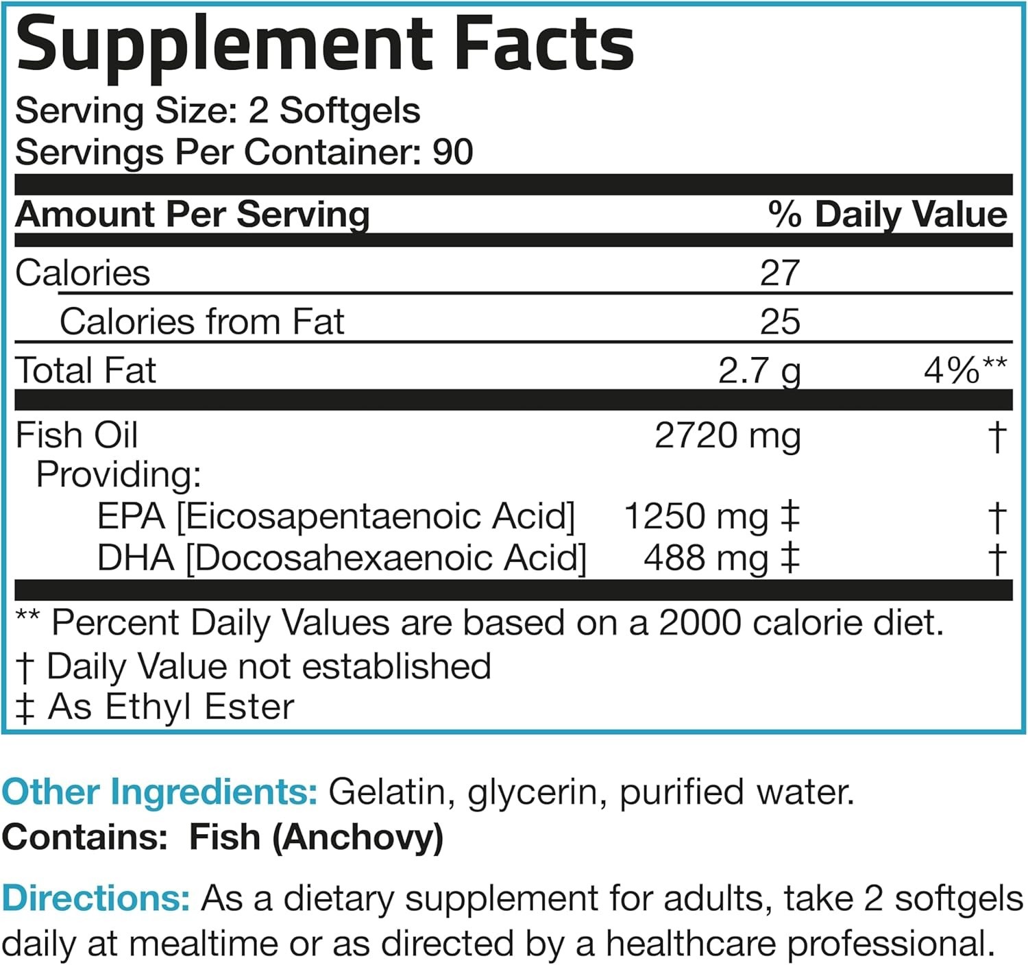 Omega 3 Fish Oil Triple Strength 2720 mg, High EPA 1250 mg DHA 488 mg, Non-GM…