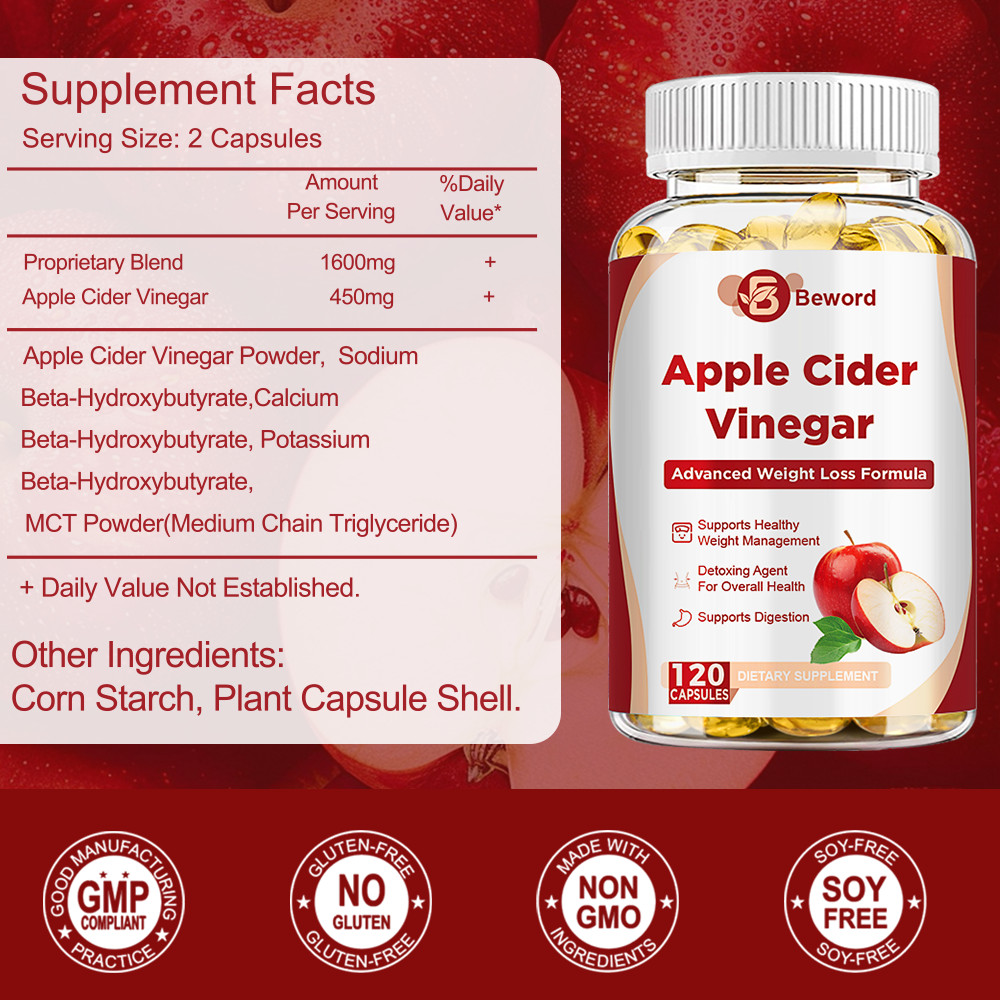Natural ACV Apple Cider Vinegar Capsules with The Mother 1600mg -60/120 Pills
