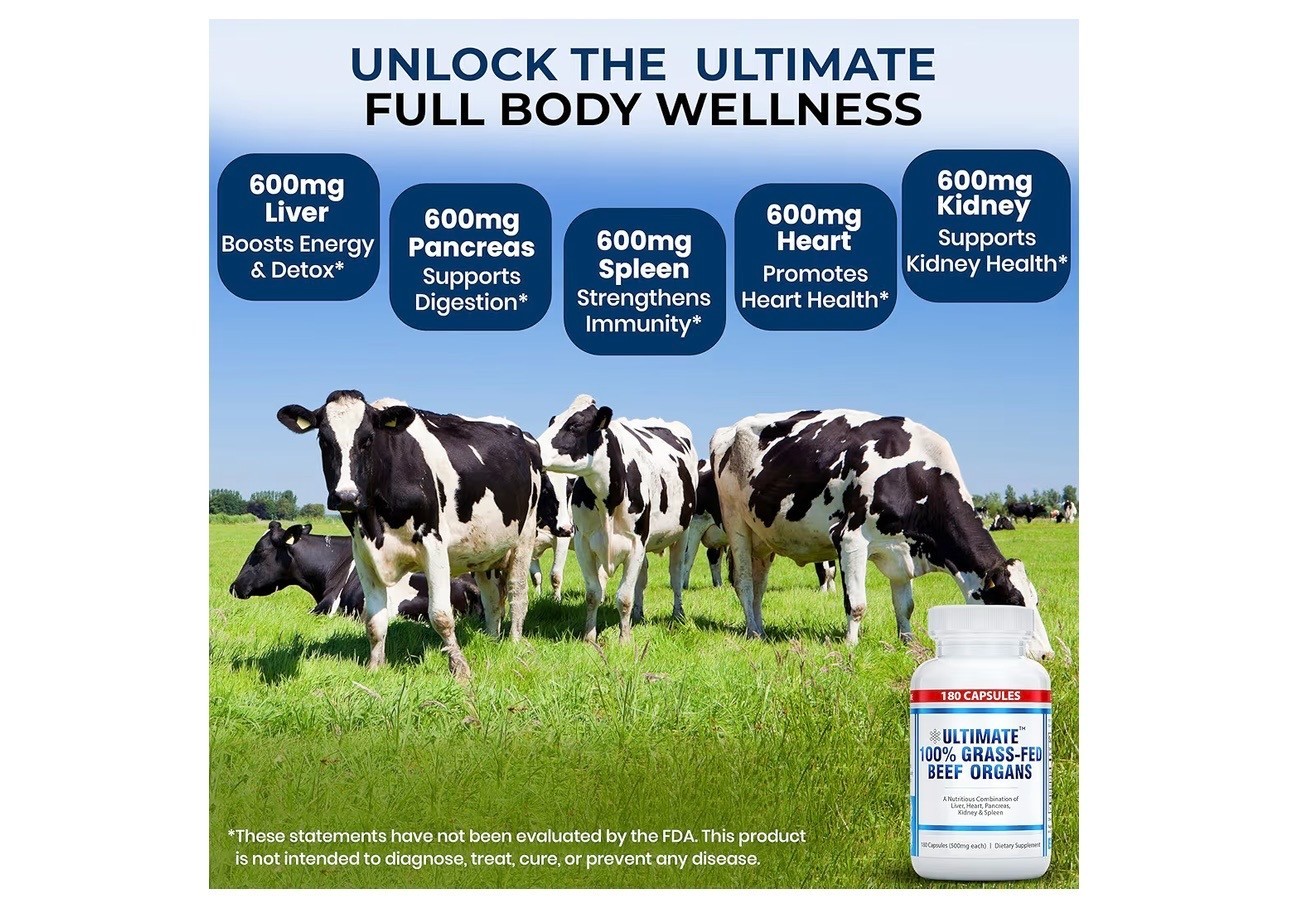 Ultimate 100% Grass Fed Beef Organs Supplement Supports 180 Count (Pack of 1)