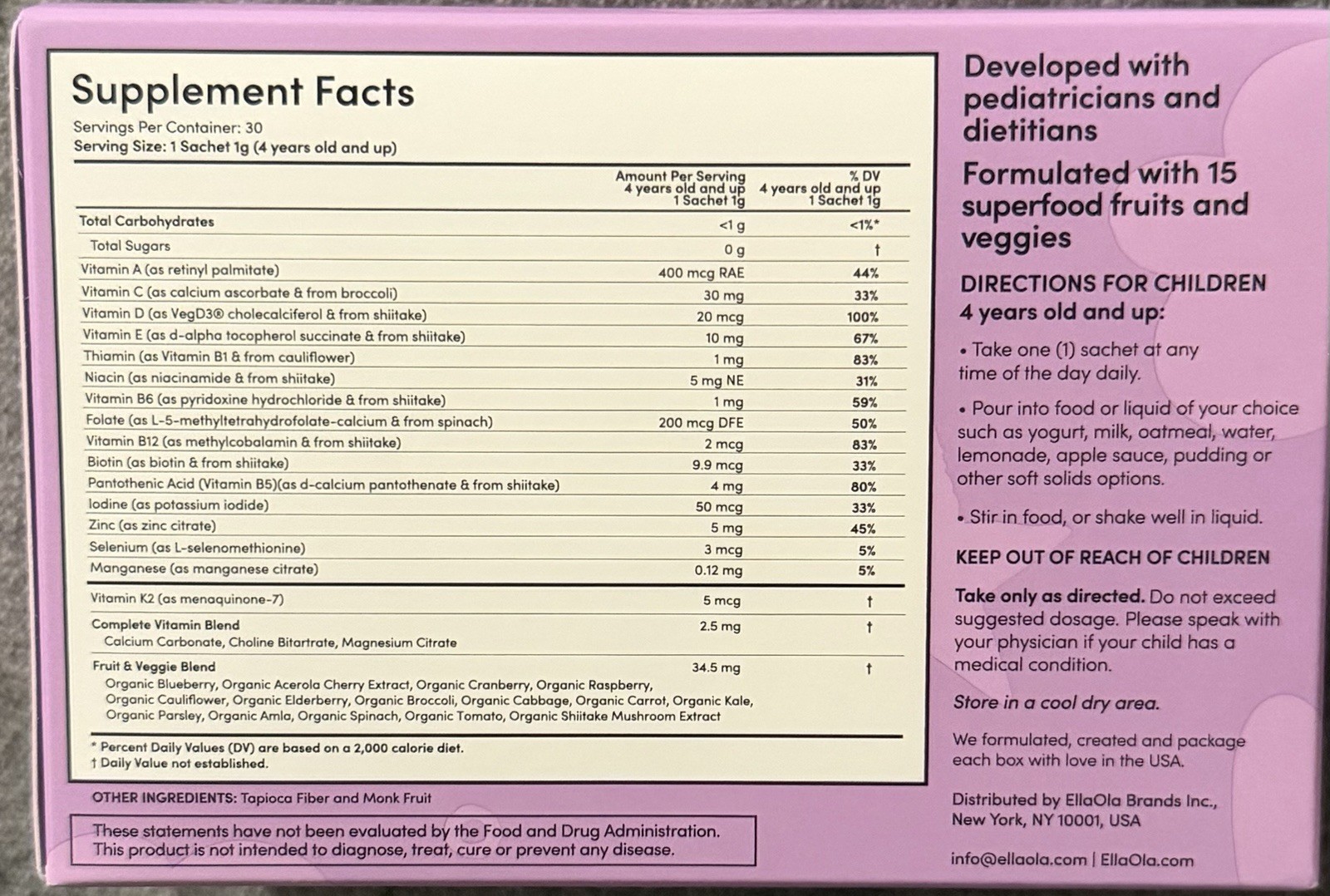 EllaOla Kids’ Unflavored Multivitamin 30 Sachets Exp 02/01/2028 New Sealed