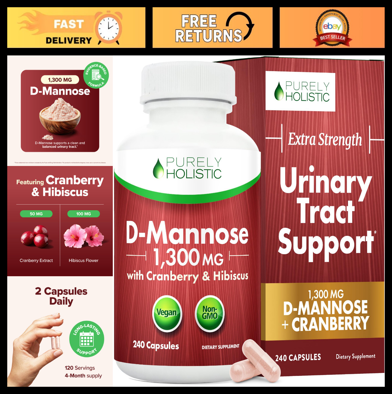 D-Mannose & Cranberry Capsules | Urinary Tract Support | 1300mg, 240 Ct, Non-GMO