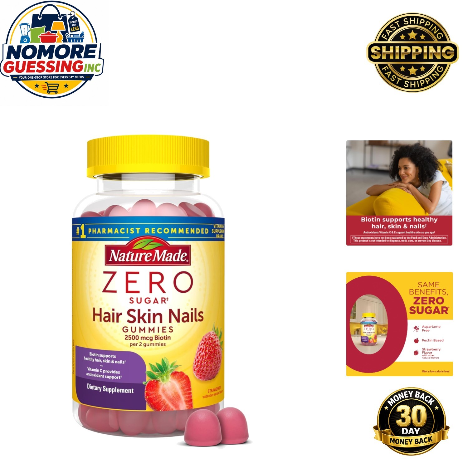Delicious Strawberry Hair Skin Nails Gummies – 120 Sugar Free Biotin Supplements