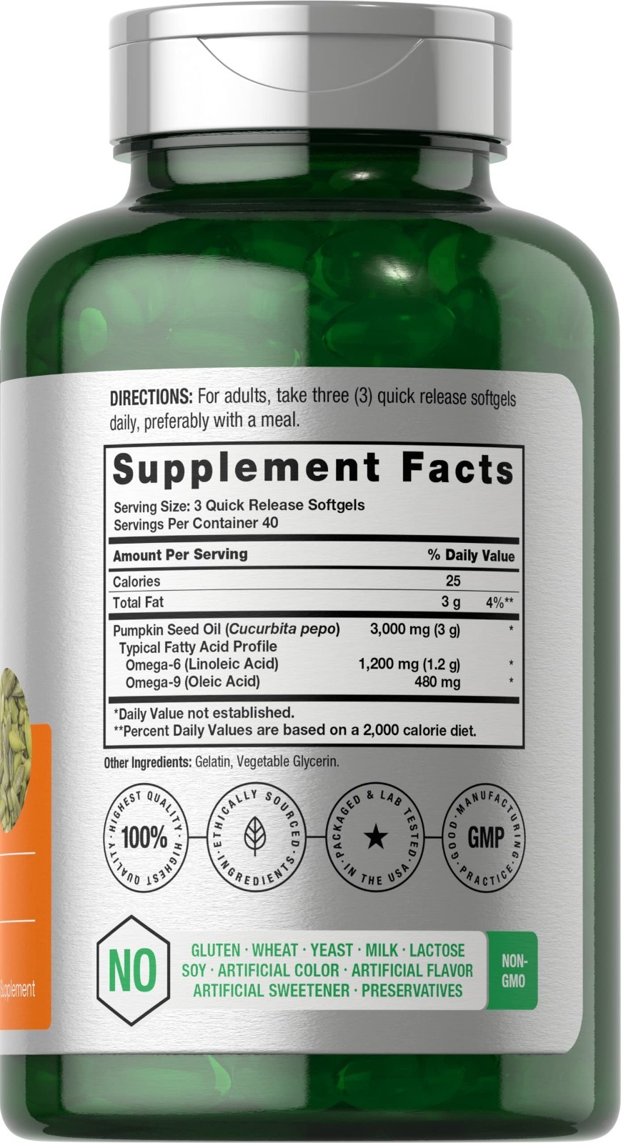 Pumpkin Seed Oil Capsules | 3000mg | 120 Softgels | Cold Pressed | by Horbaach