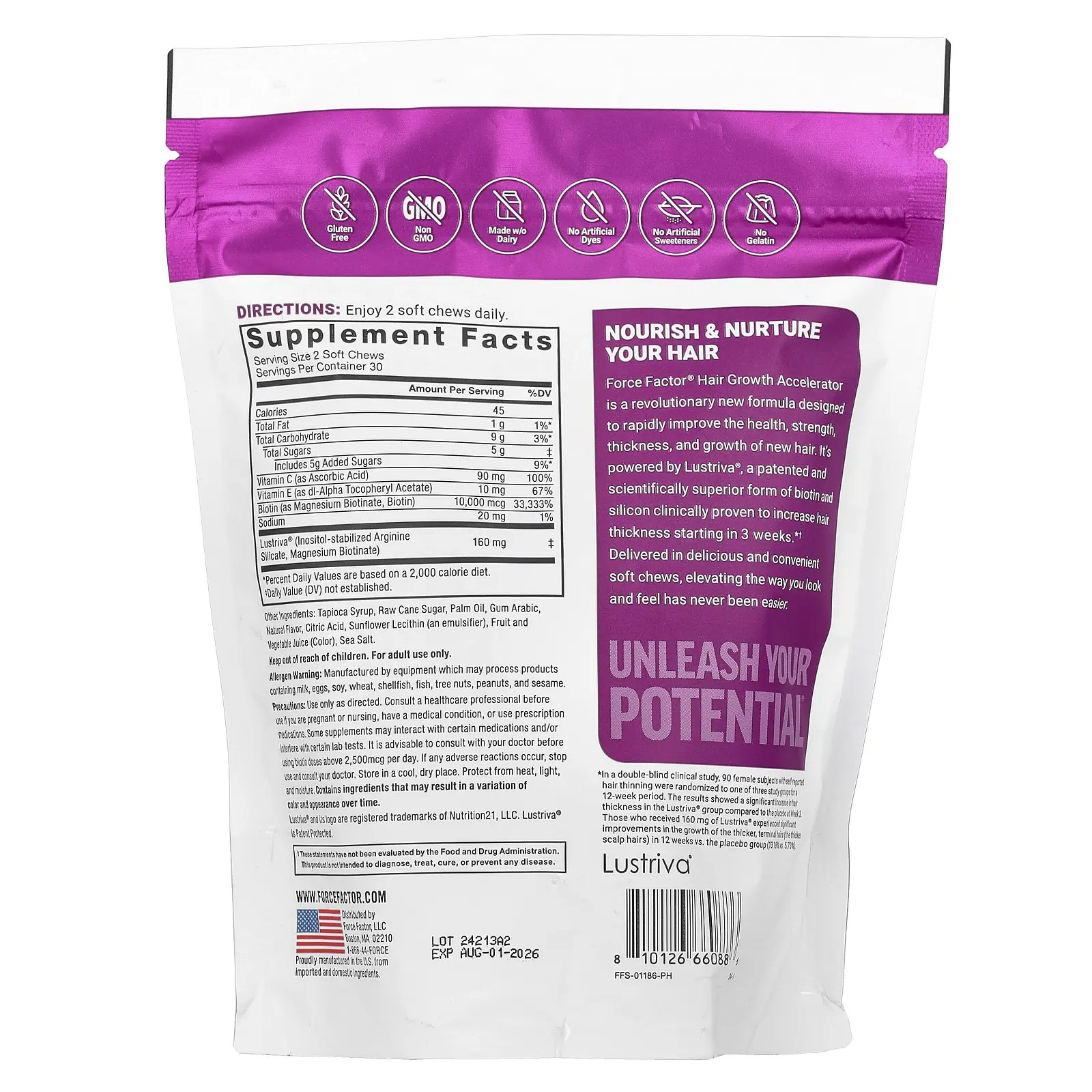 Force Factor 60ct Mixed Berry Hair Support Soft Chews Daily Wellness Vitamins