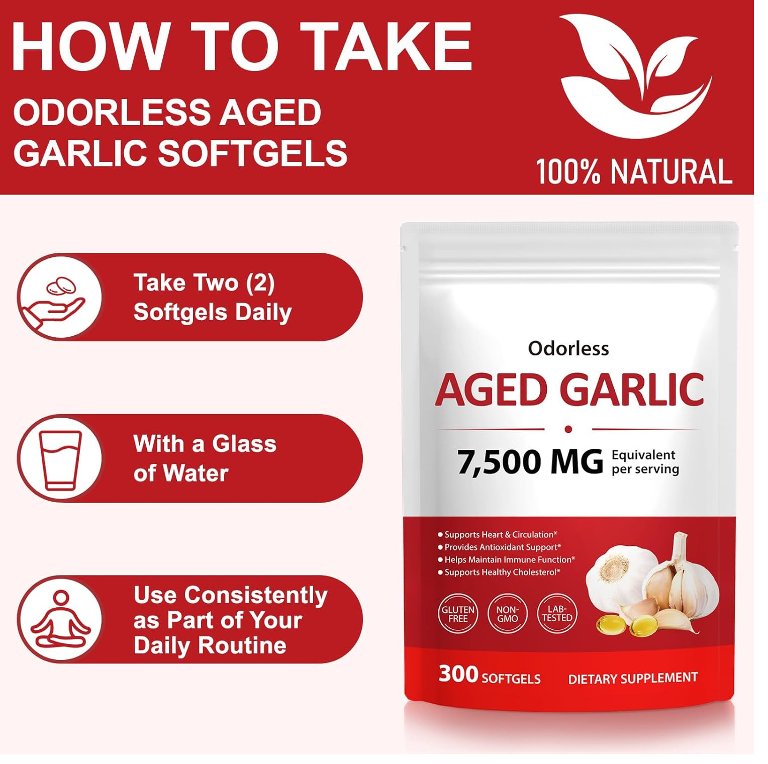 Odorless Garlic 7500mg Per Servings, 300 Softgels | 2 Years Aged Garlic Extra…