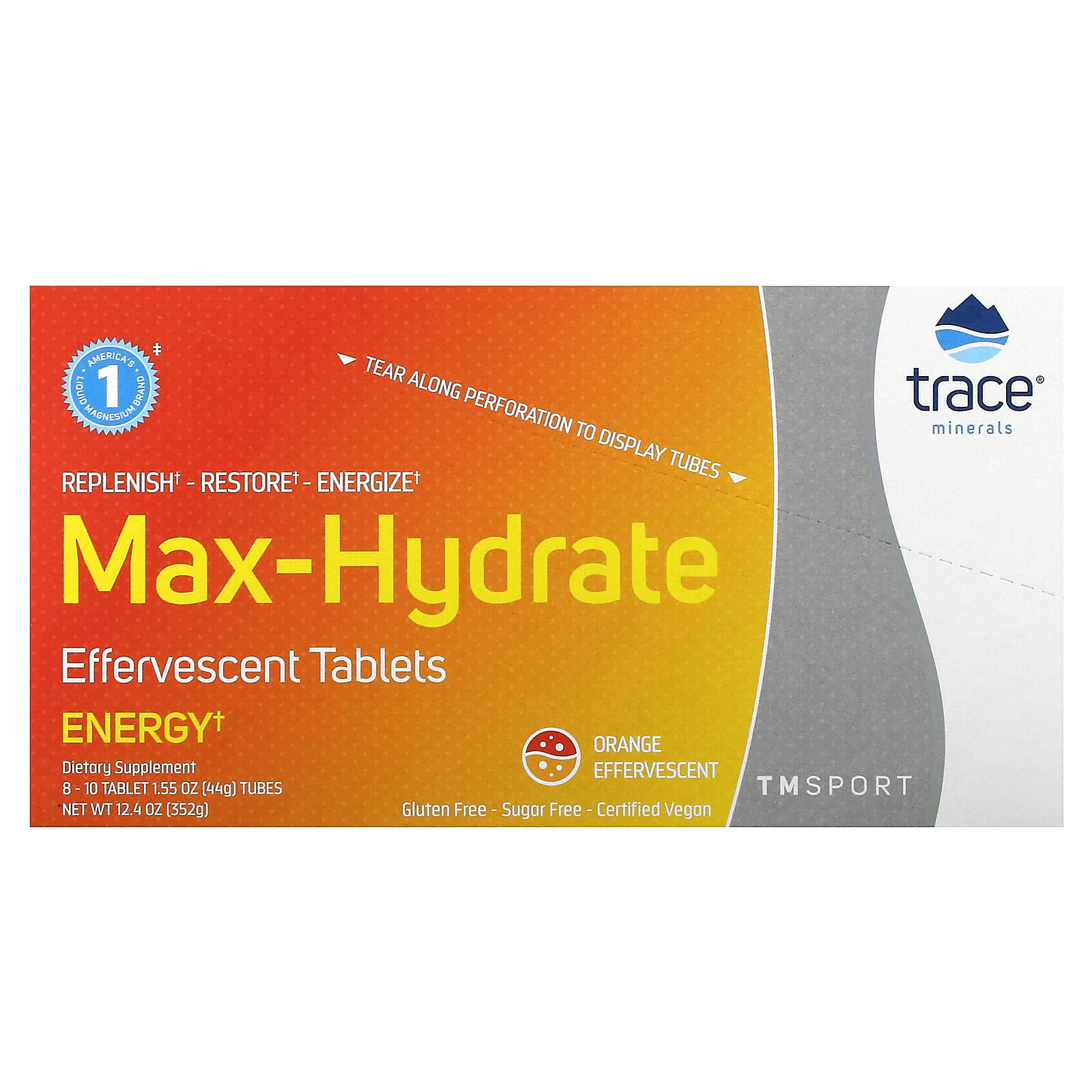 TM Sport, Max-Hydrate Energy Effervescent Tablets, Orange, 8 Tubes, 10 Tablets