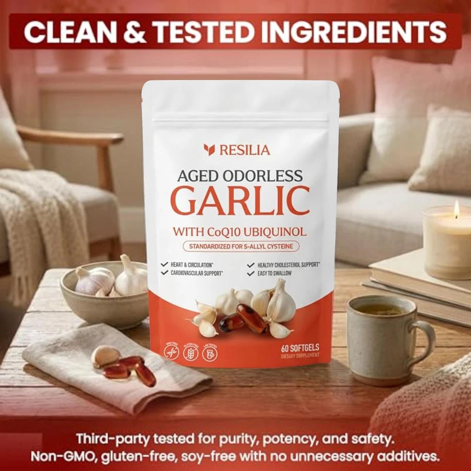 Resilia Garlic Extract 600mg Softgels (60 Count) – Odorless Aged Garlic Extract
