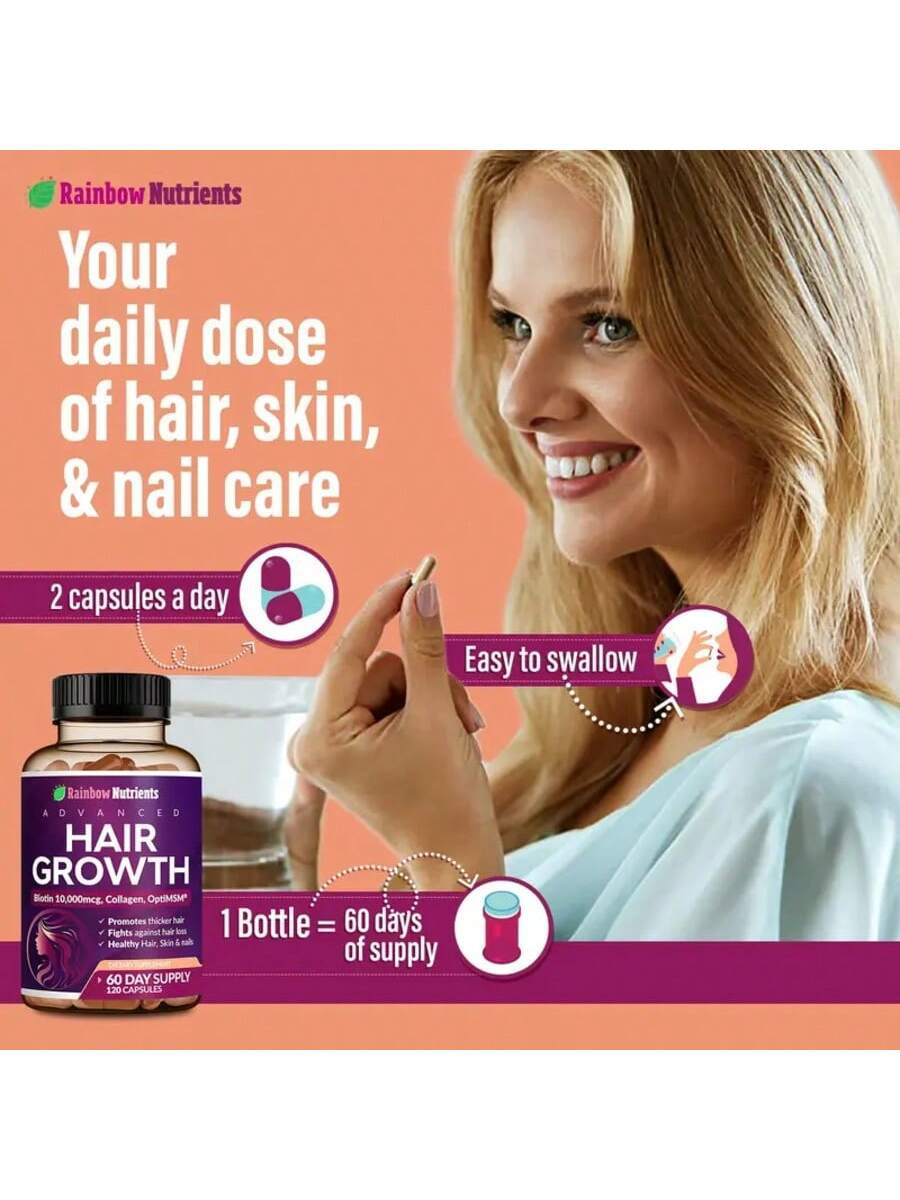 Hair Growth Vitamins 3-Pk – Biotin, Collagen – Supports Hair, Skin & Nails – 180