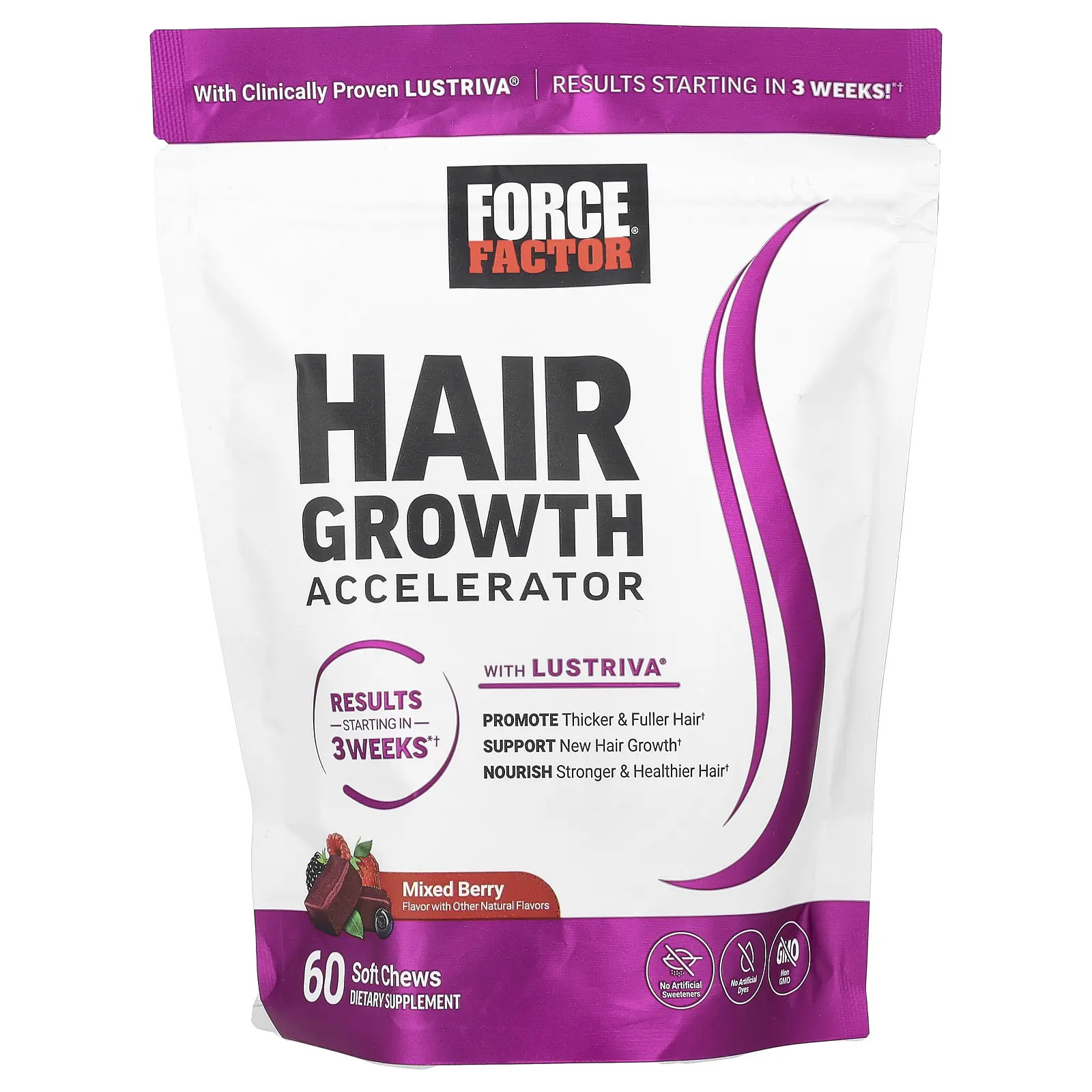 Force Factor 60ct Mixed Berry Hair Support Soft Chews Daily Wellness Vitamins