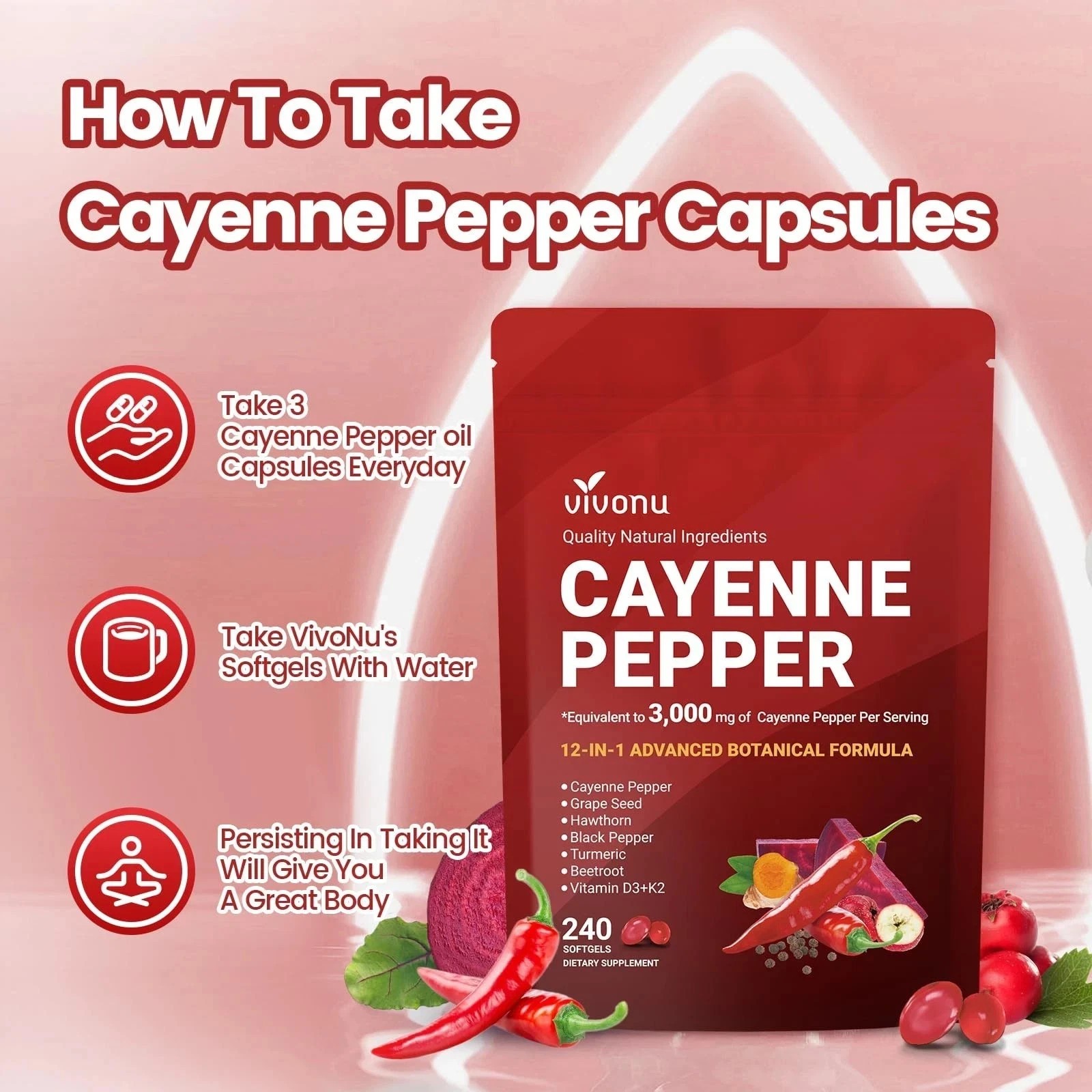 Cayenne Pepper Softgels Supplement, Supports Leg Vein, Heart and Blood Vessel US