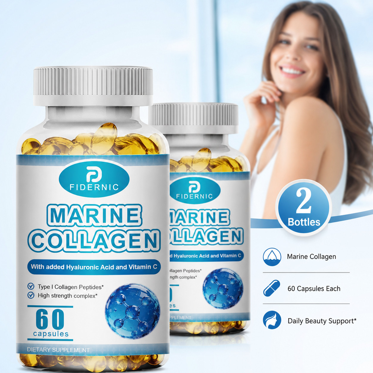 2 Bottle Marine Collagen Type I Peptides Hyaluronic Acid Vitamin C 60 Count