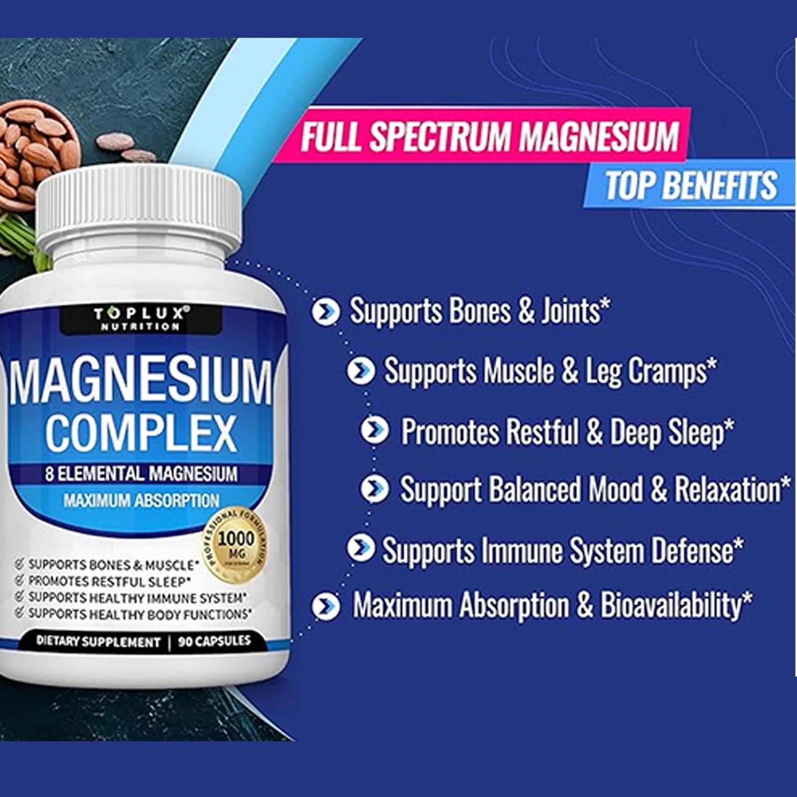 Toplux Nutrition Magnesium Complex 1000mg Supports 8 Elemental Magnesium