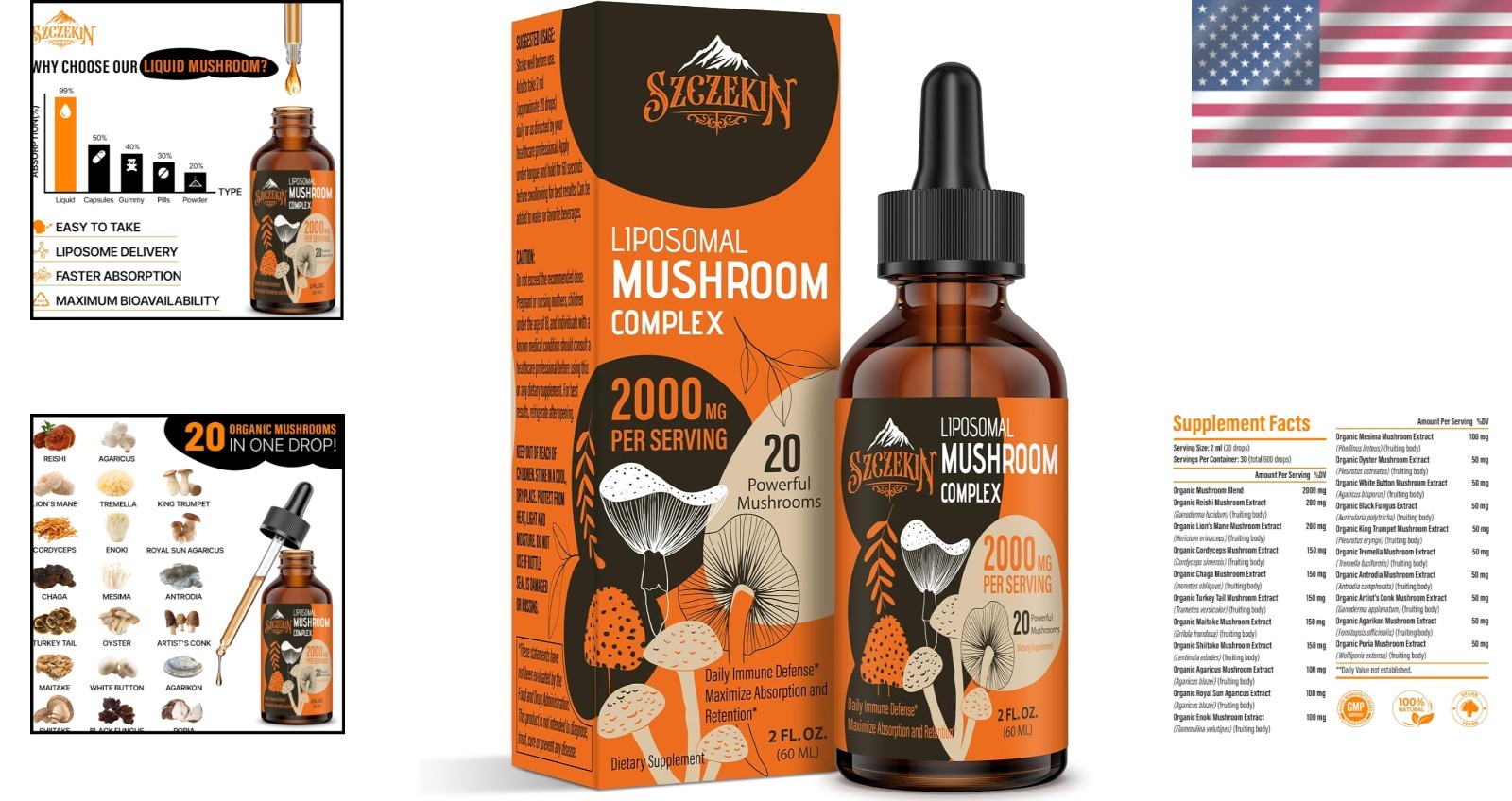 2000 MG Liposomal Mushroom Drops – 20 Organic Extracts for Immunity & Focus
