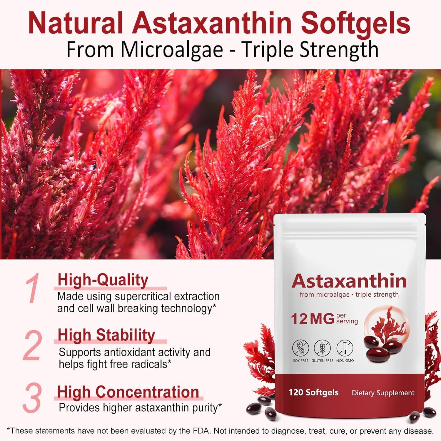 Astaxanthin 12mg – Antioxidant, Supports Eye, Joint, Skin Health, Immune Support
