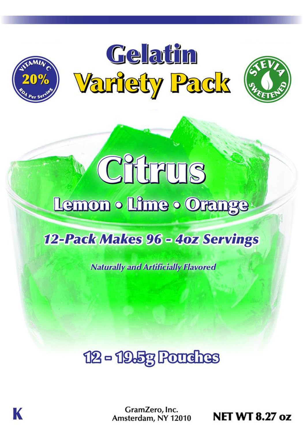 Citrus Variety (Lemon, Lime, Orange) Sugar Free Gelatin Mix 12-Pack, Zero Carb D