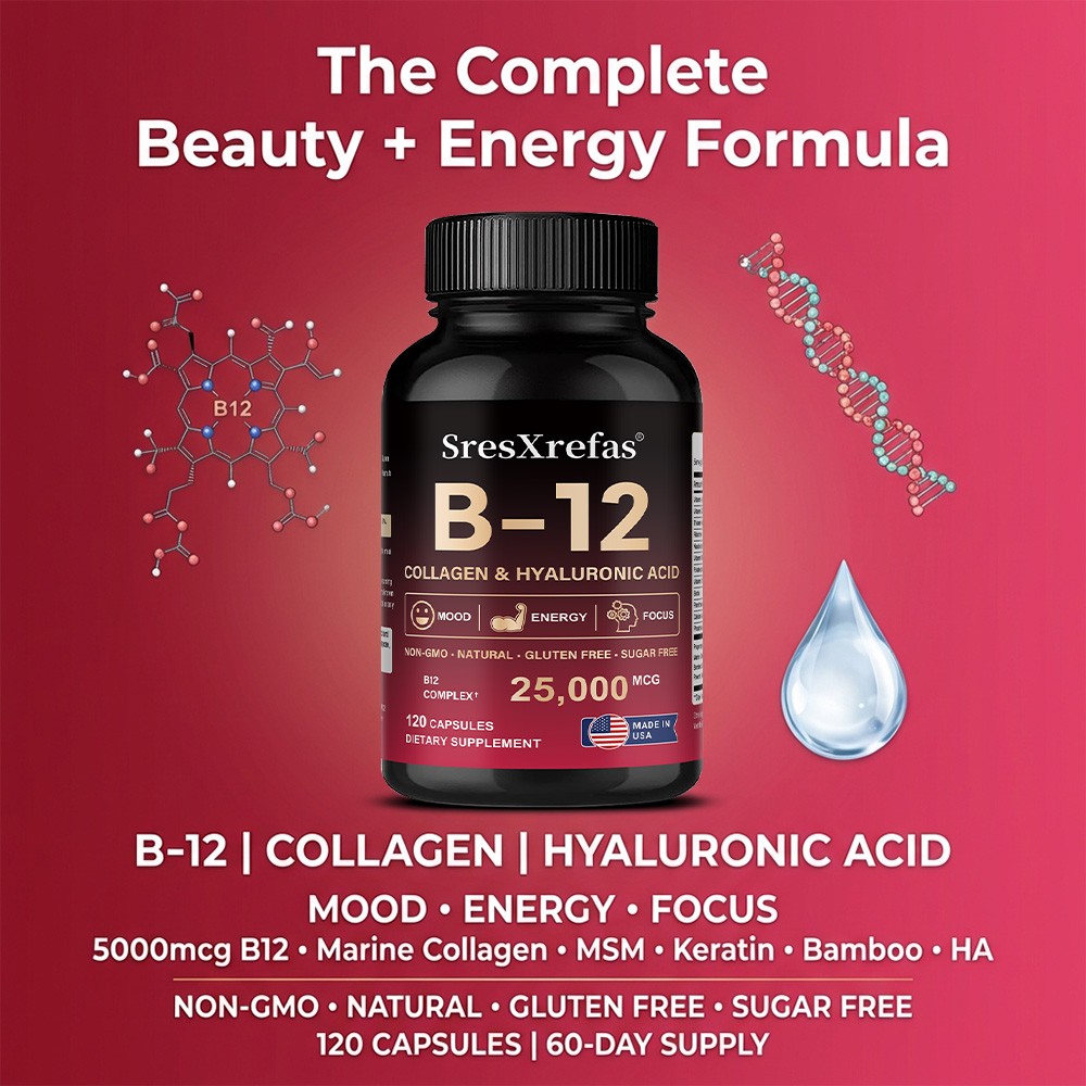 B-12 Complex with Collagen, Energy Focus & Skin,Non-GMO 30/60/120 Capsules