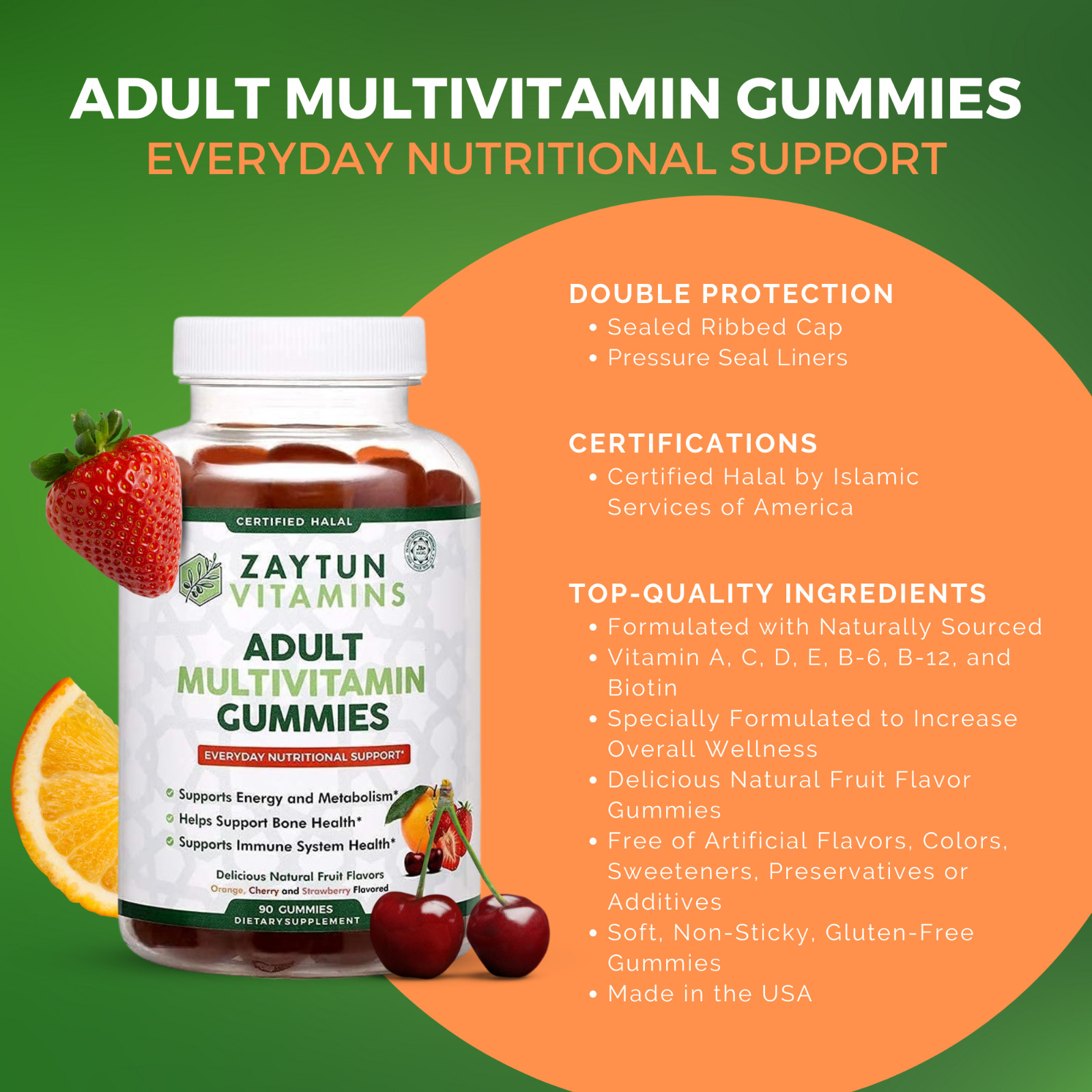 Zaytun Halal Adult Multivitamin Gummies for Men & Women, 270 Gummies Made in USA