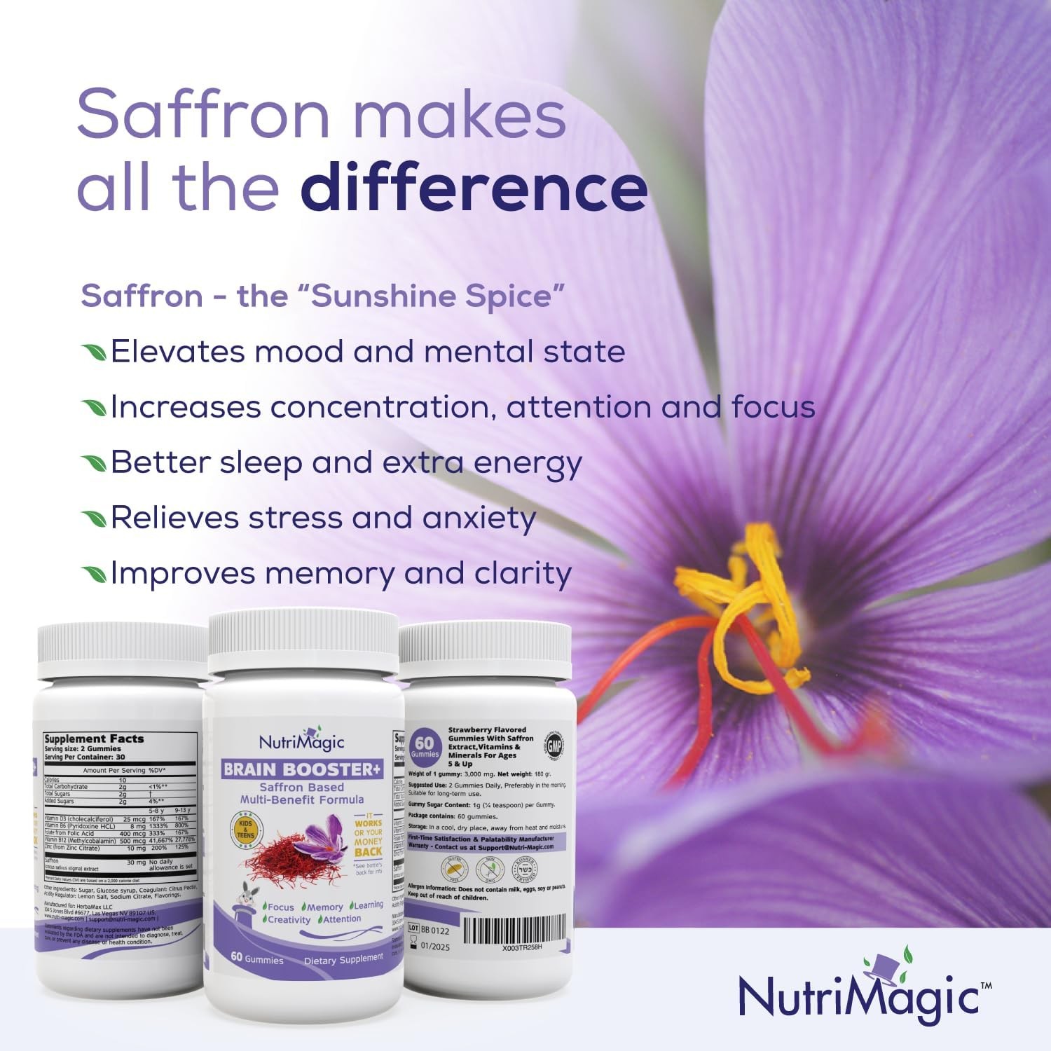 NutriMagic Kids Brain Booster Saffron Extract Gummies Focus Memory Multivitamin